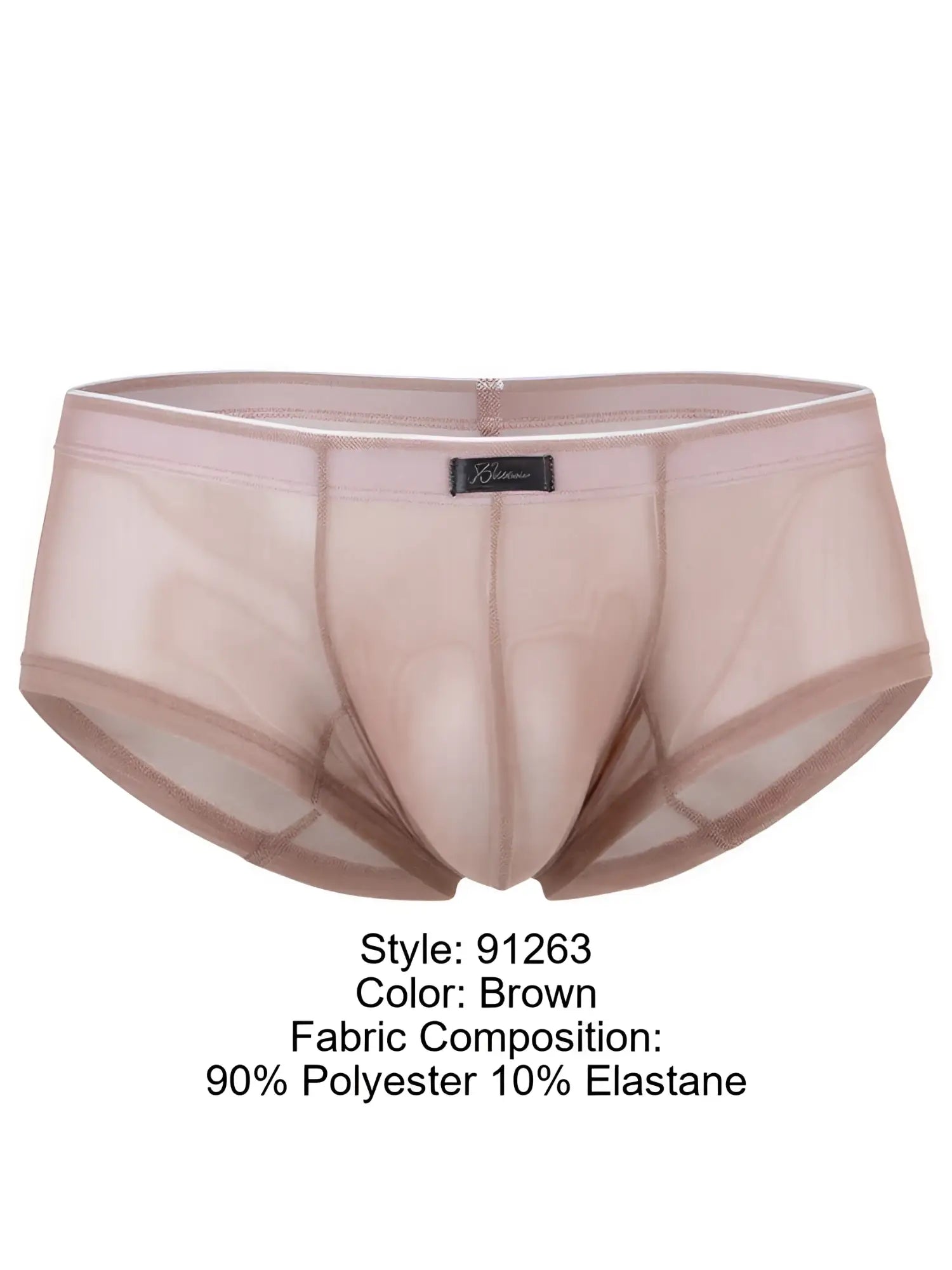 Xtremen men's briefs in sheer, light brown mesh fabric with a center logo tag on the elastic waistband.