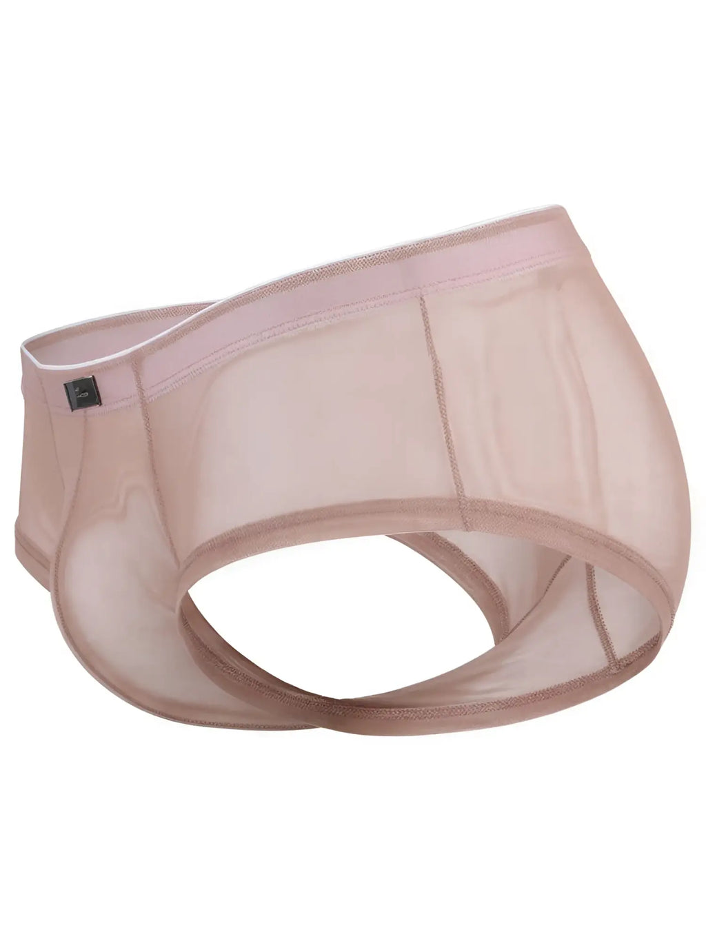 Xtremen sheer nude mesh men's briefs with a tonal elastic waistband and small brand logo tag.