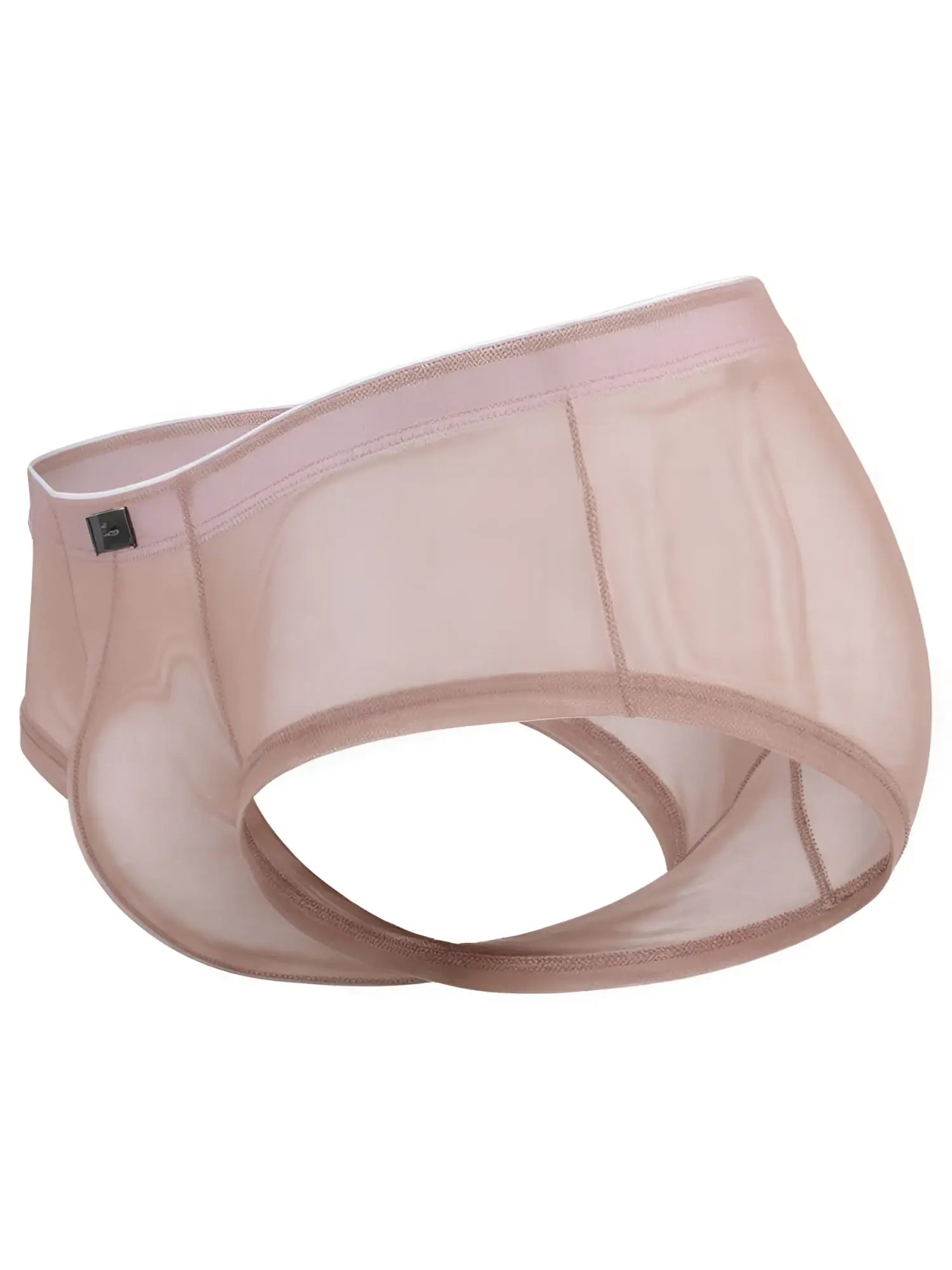 Xtremen sheer nude mesh men's briefs with a tonal elastic waistband and small brand logo tag.