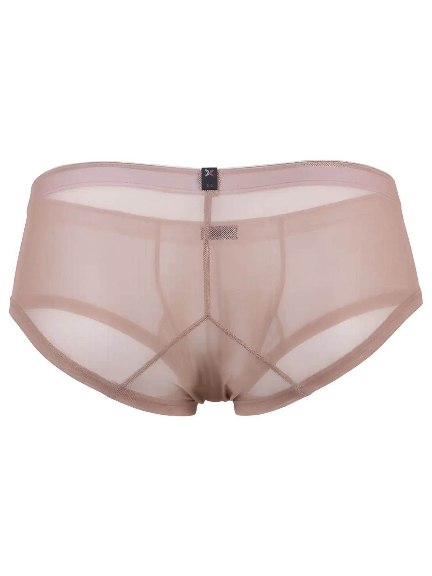 Xtremen sheer beige mesh men's briefs with a branded waistband tag.