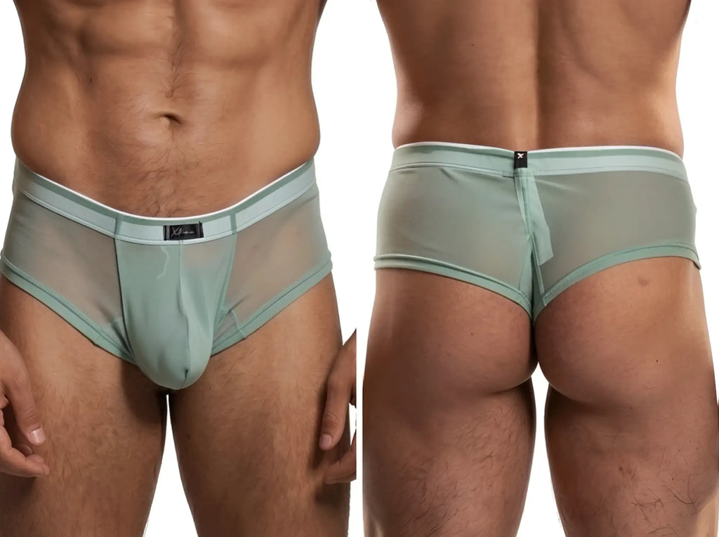 Xtremen men's sheer mint green mesh briefs, shown from front and back views with a contrast white waistband.