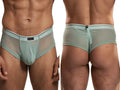 Xtremen men's sheer mint green mesh briefs, shown from front and back views with a contrast white waistband.