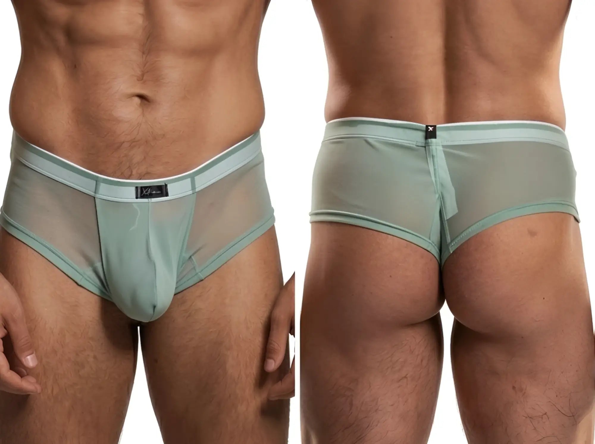 Xtremen men's sheer mint green mesh briefs, shown from front and back views with a contrast white waistband.