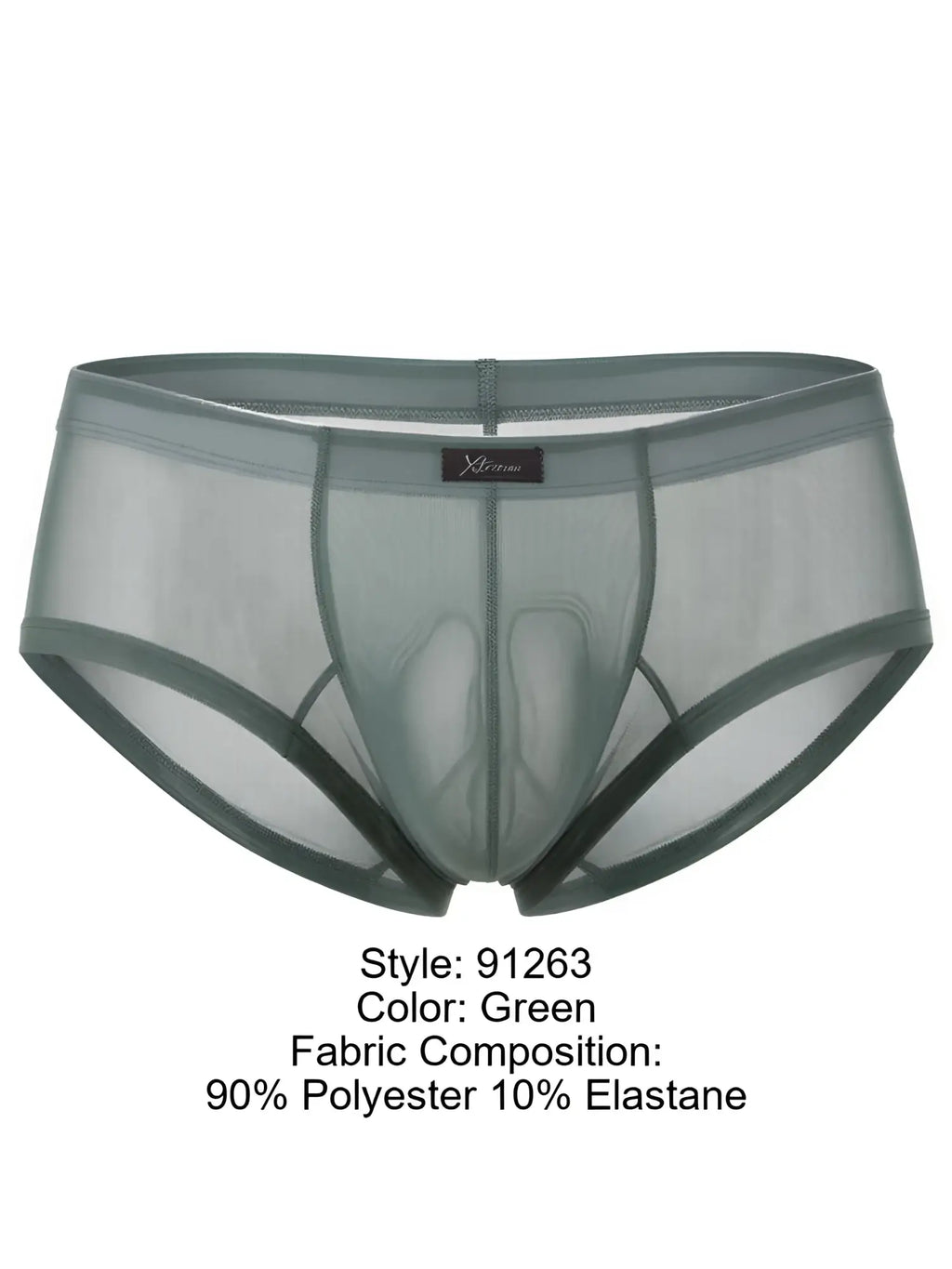 Xtremen green sheer mesh briefs with a center pouch and branded logo tag.