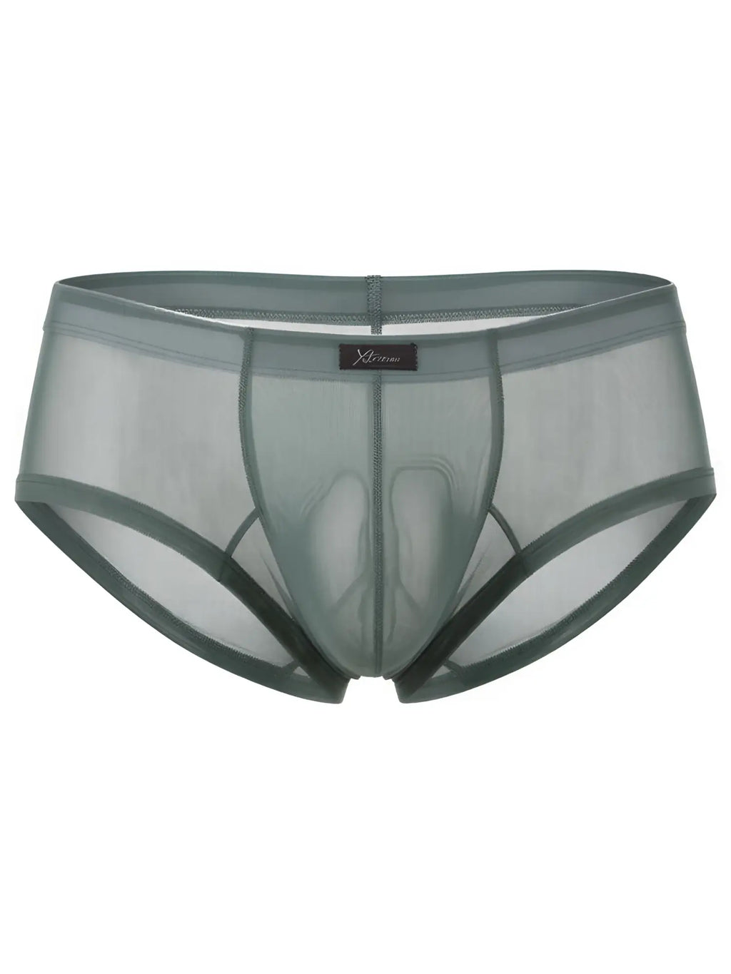 Xtremen olive green sheer mesh briefs with a center-front logo tab.