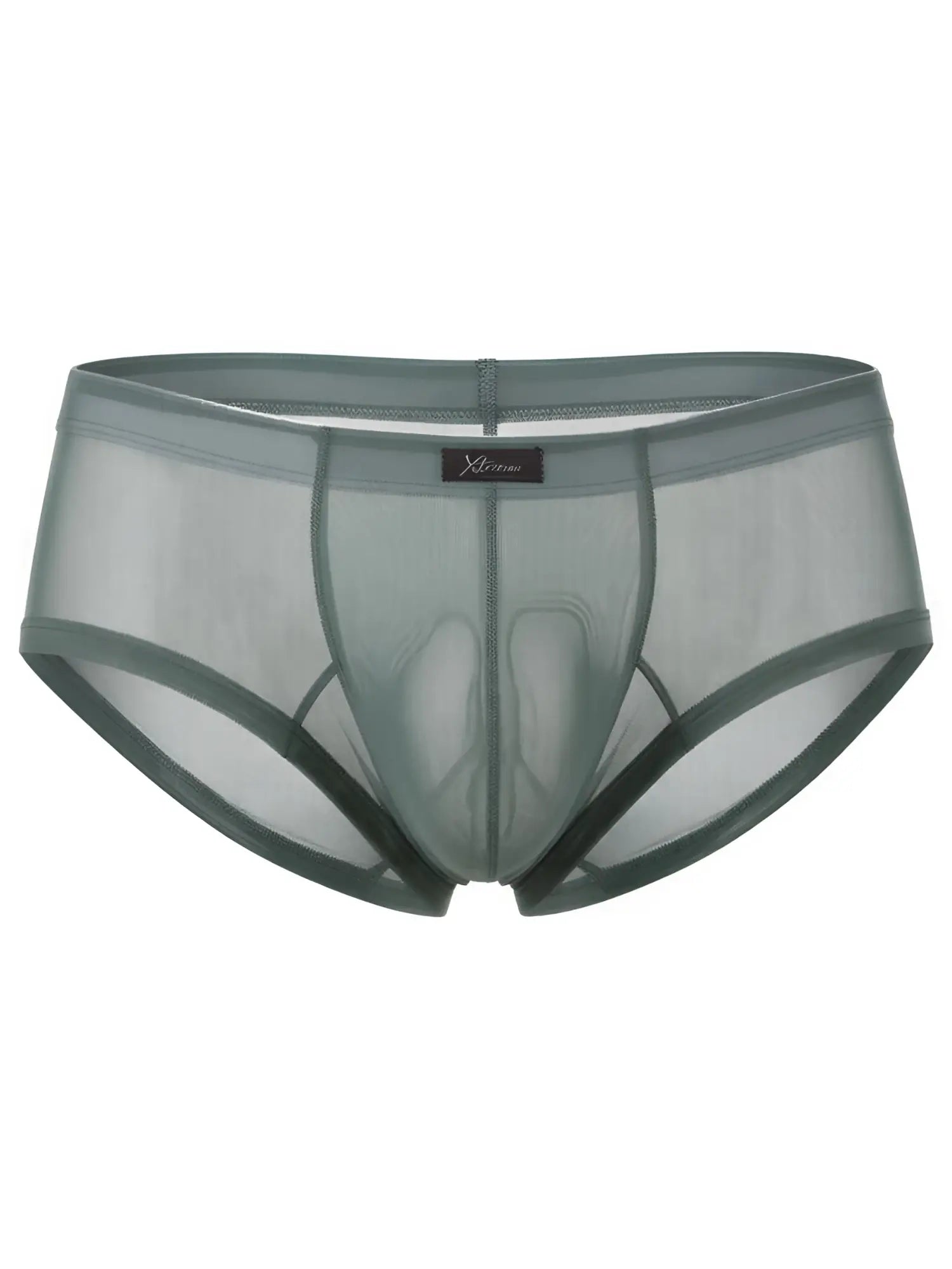 Xtremen olive green sheer mesh briefs with a center-front logo tab.