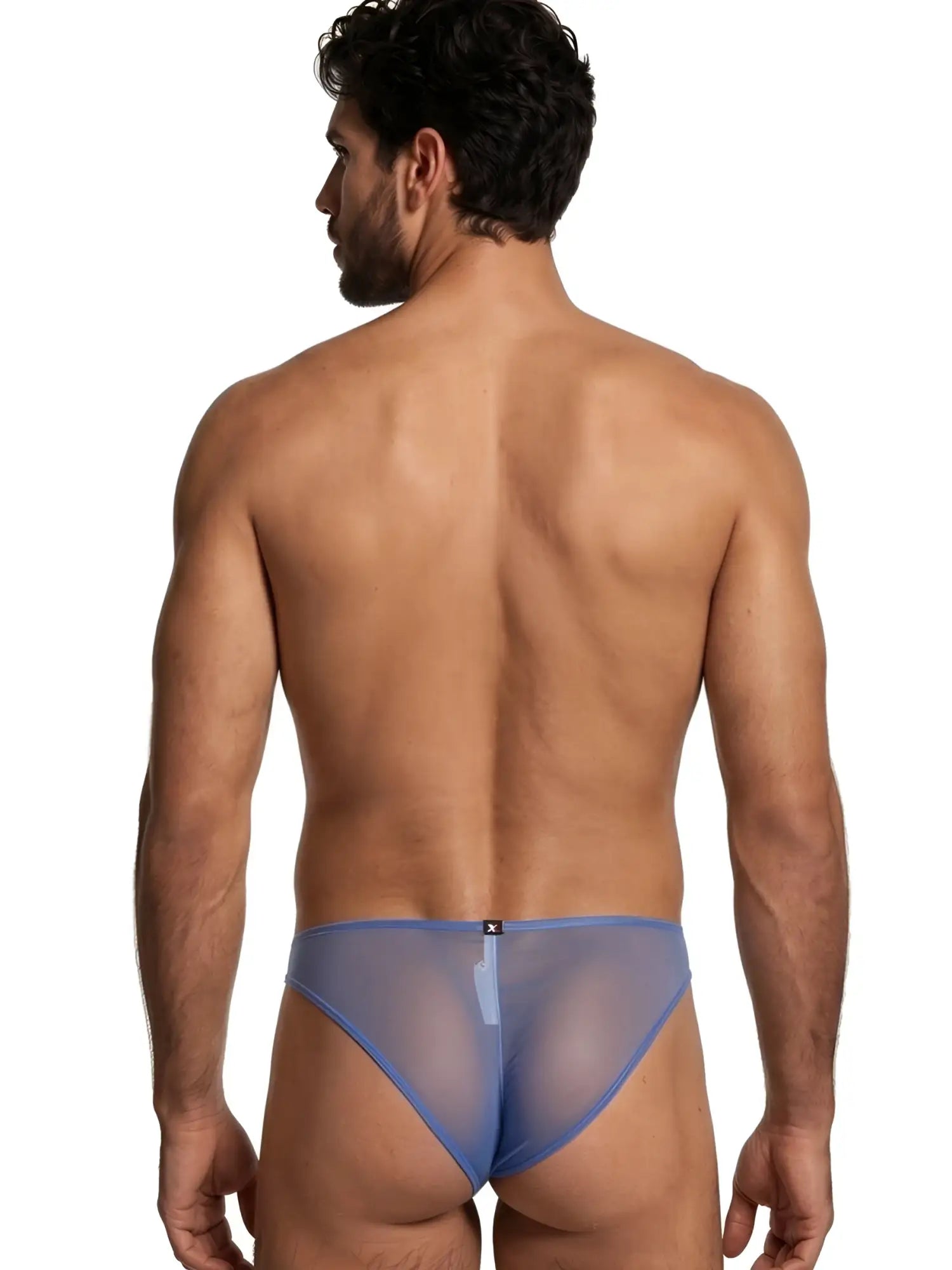 Xtremen blue mesh bikini underwear on a man, viewed from the back.