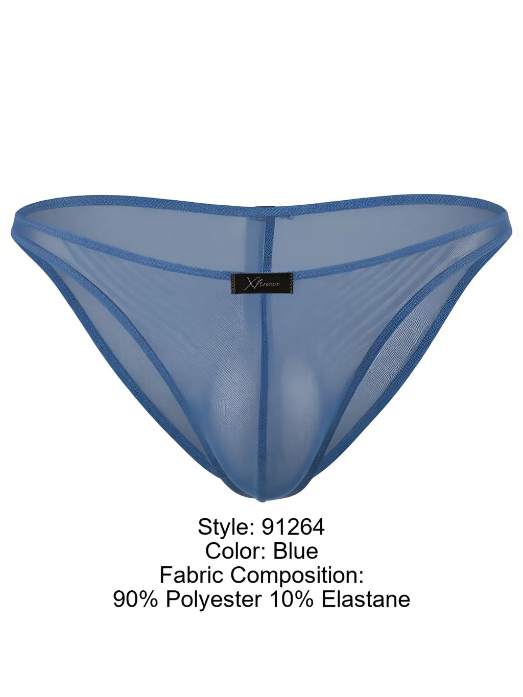 Xtremen blue sheer mesh bikini underwear with a center front brand label.