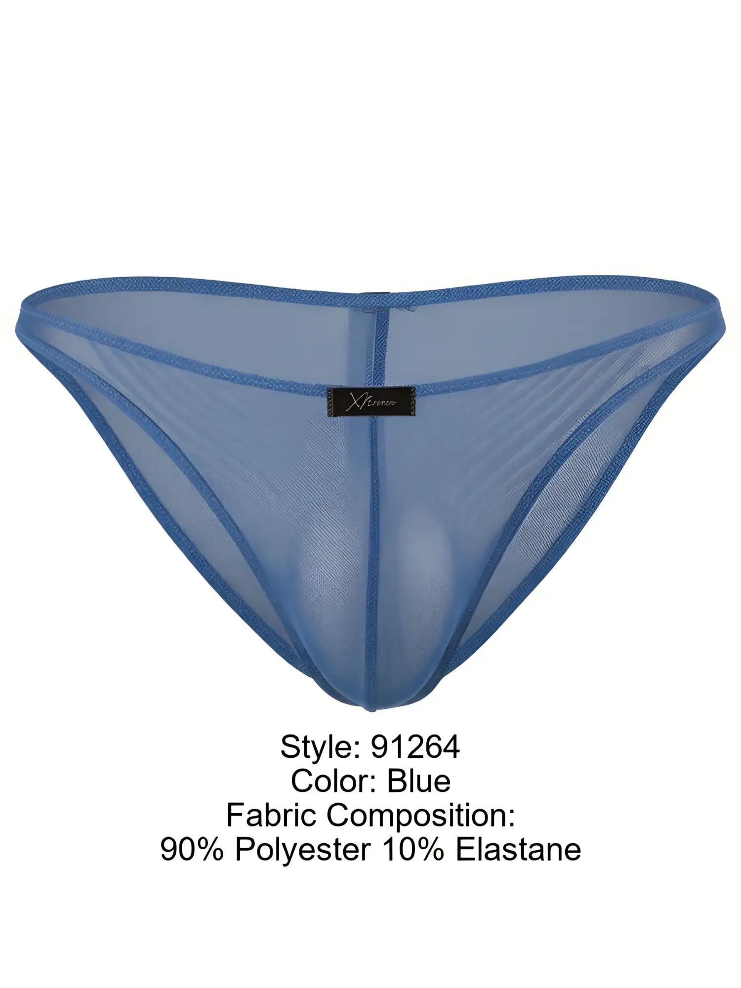 Xtremen blue sheer mesh bikini underwear with a center front brand label.
