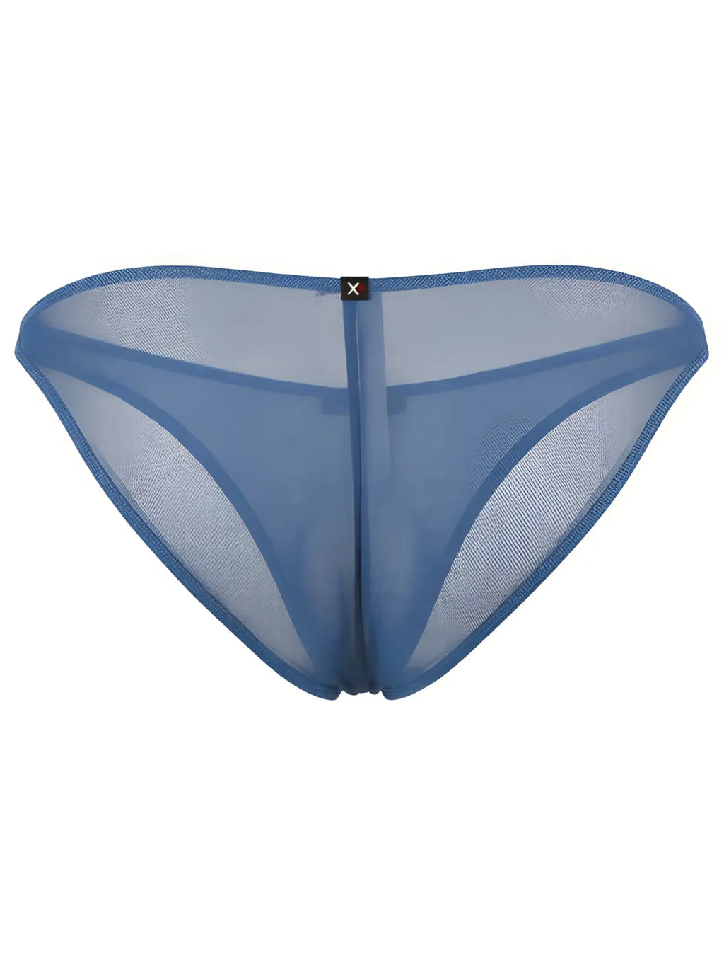 Blue Xtremen bikini underwear made from sheer, breathable mesh fabric with a center logo tag.