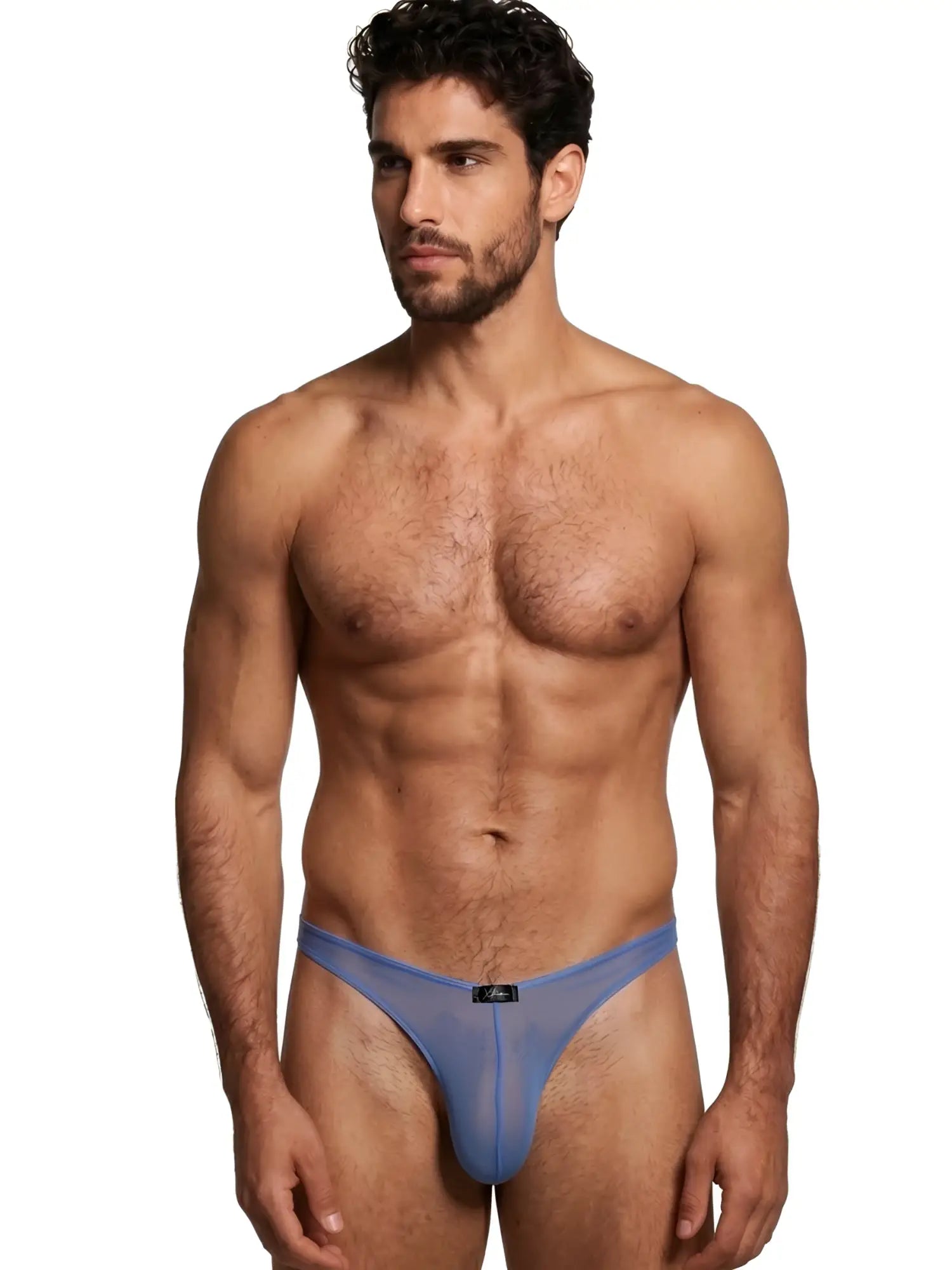 Model wearing a blue, sheer mesh Xtremen bikini brief.