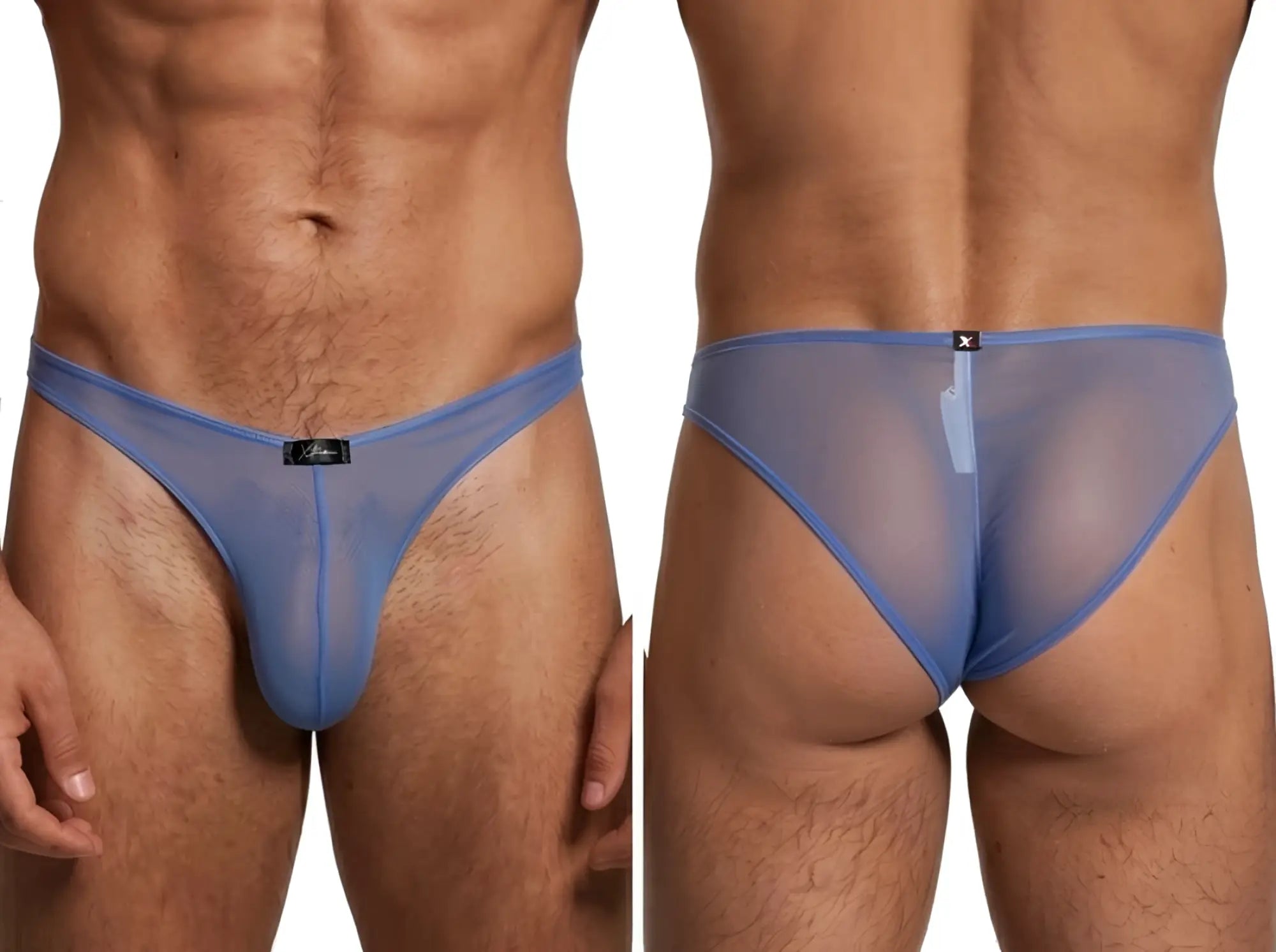 Xtremen blue sheer mesh bikini underwear shown from front and back views.