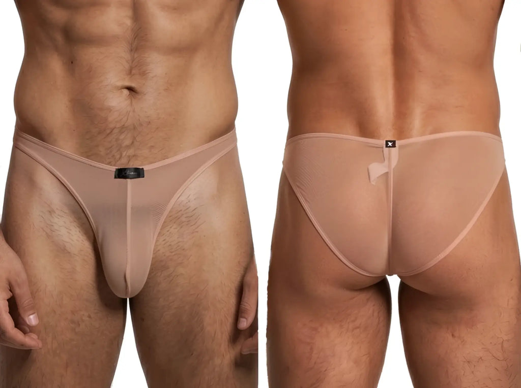 Xtremen beige sheer mesh bikini underwear shown from front and back views on a male model.