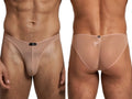 Xtremen beige sheer mesh bikini underwear shown from front and back views on a male model.