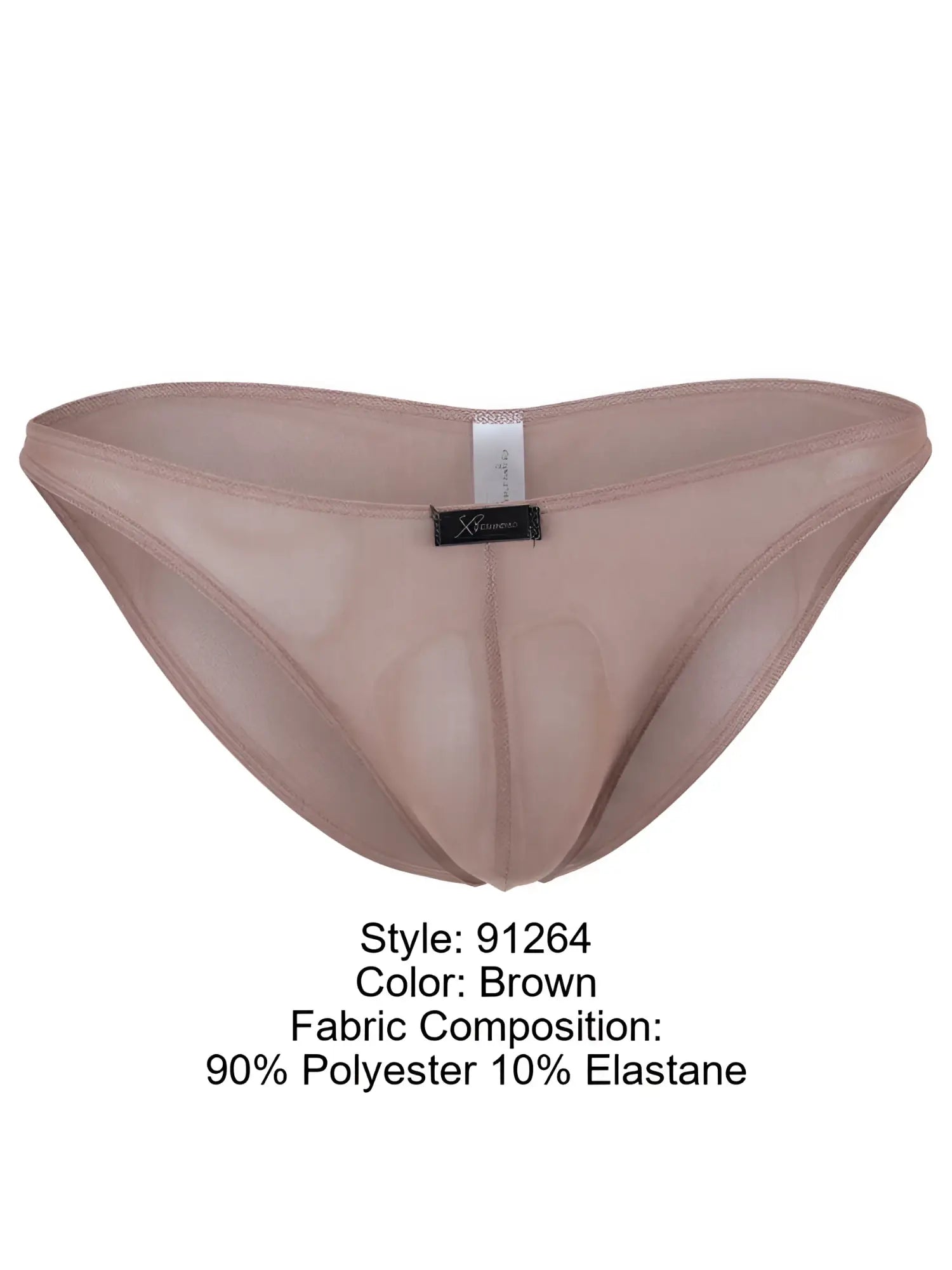 Xtremen men's brown sheer mesh bikini underwear with center front logo tag.