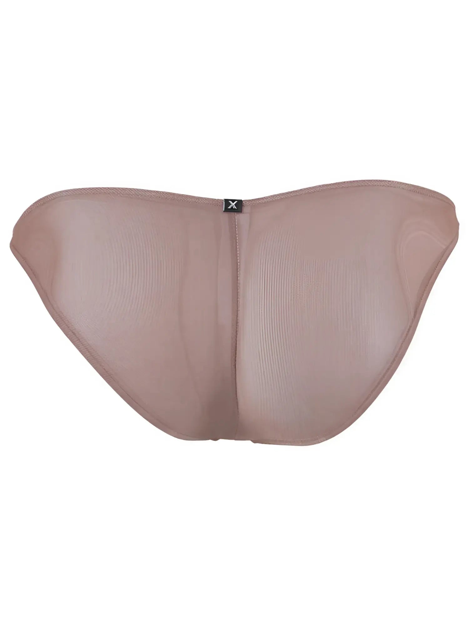 Xtremen sheer, mocha-colored men's bikini briefs with a center back seam and branded logo tab.