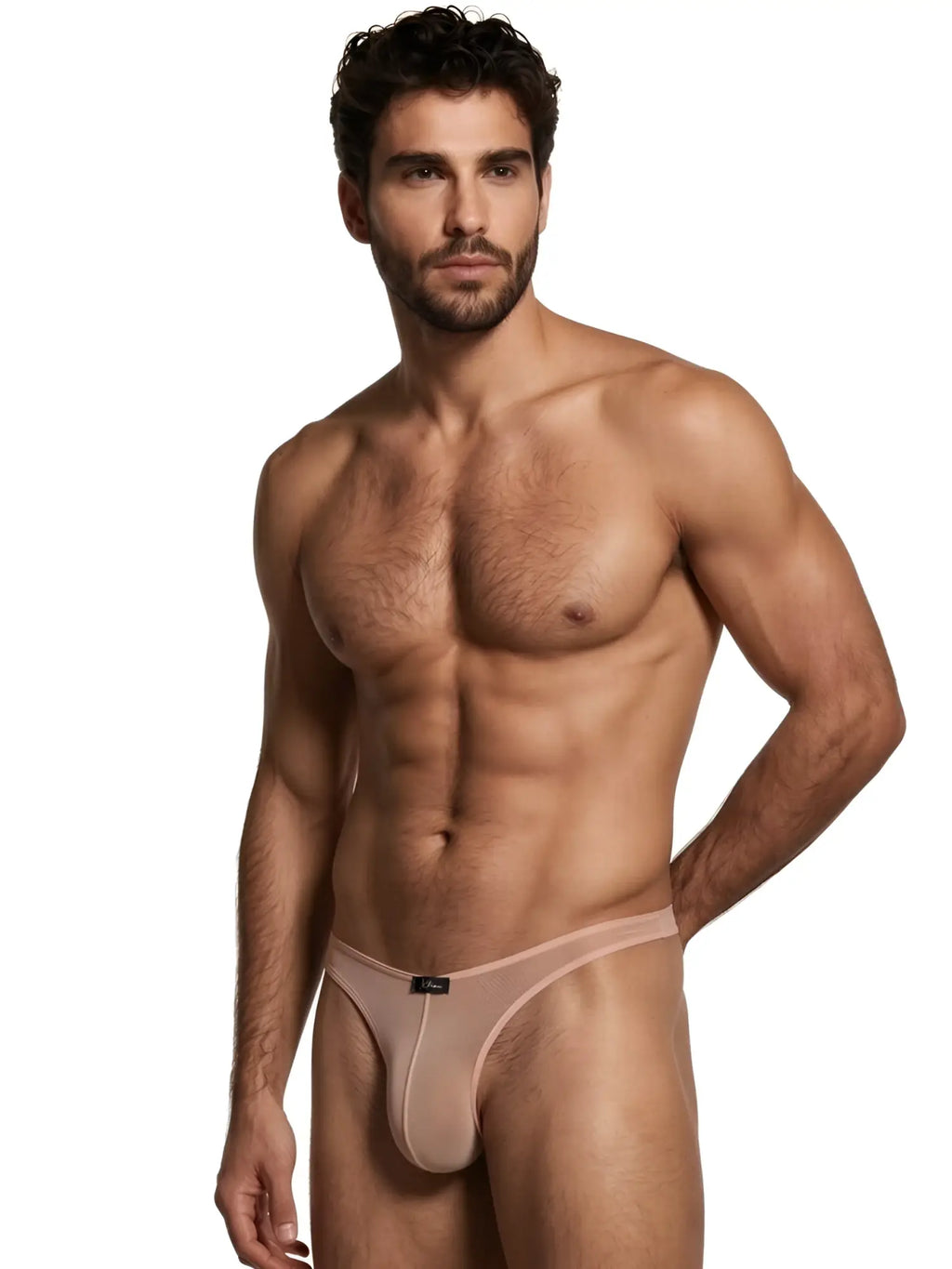 Xtremen men's sheer beige bikini underwear on a model.