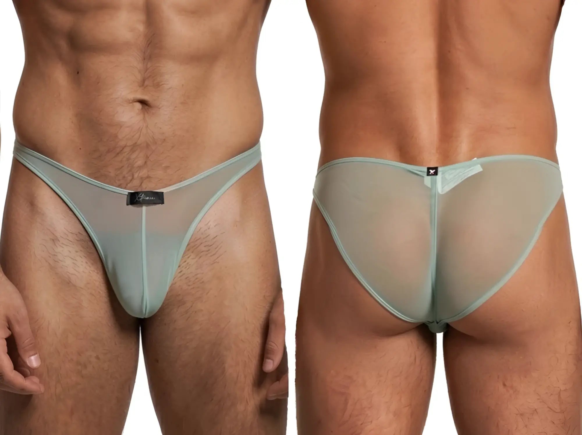 Xtremen men’s sheer sage green mesh bikini brief, shown from front and back views with a small logo patch.