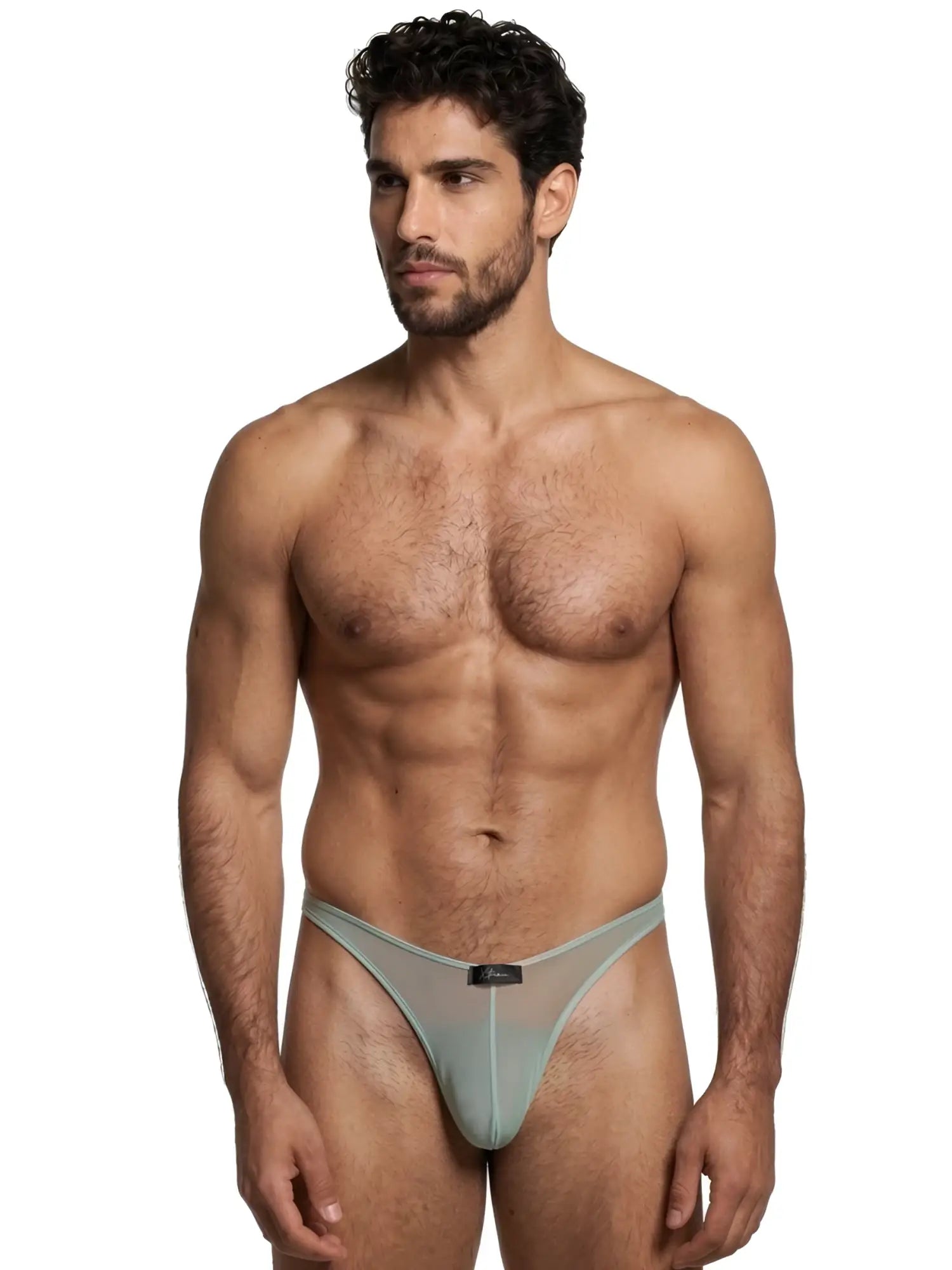 Model wearing a sage green sheer mesh Xtremen bikini with a center brand tag.