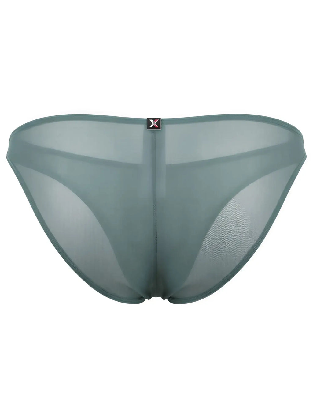 Xtremen sheer sage green bikini brief featuring a centered logo tag on the waistband.