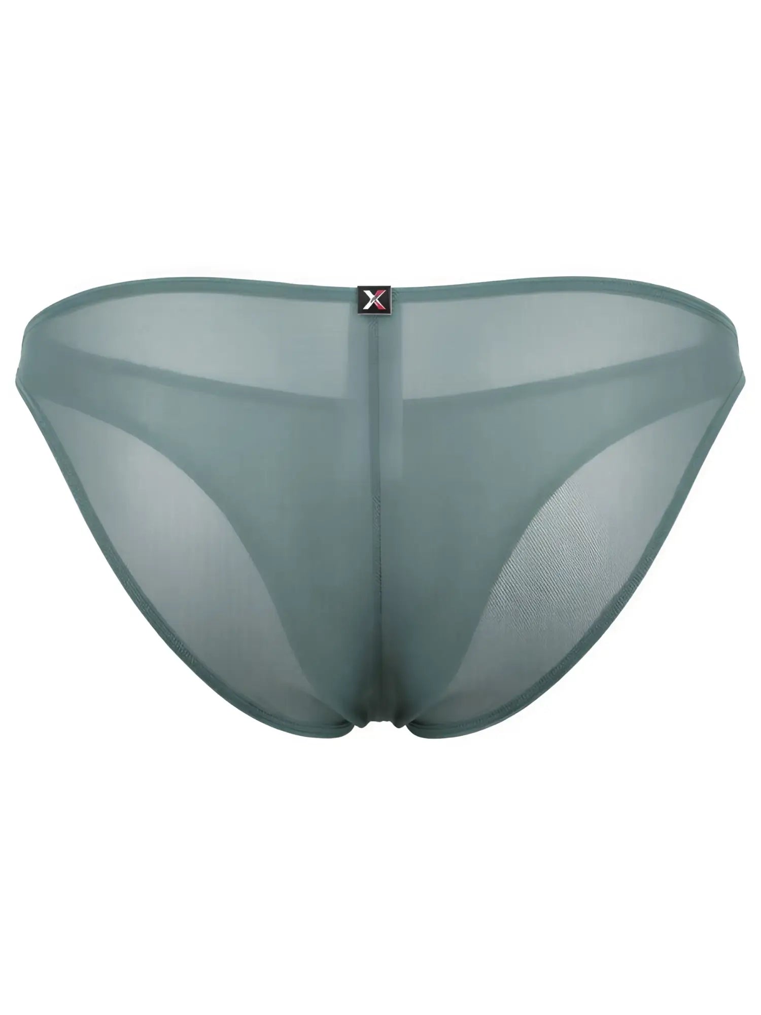 Xtremen sheer sage green bikini brief featuring a centered logo tag on the waistband.