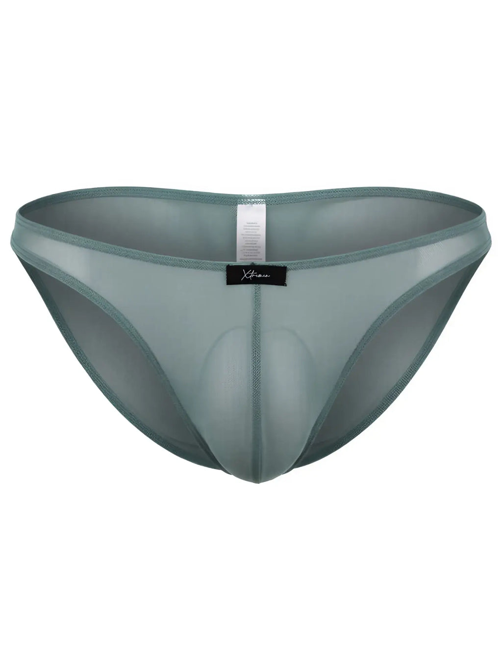 Xtremen sage green sheer mesh bikini underwear with a contoured pouch and center front brand label.