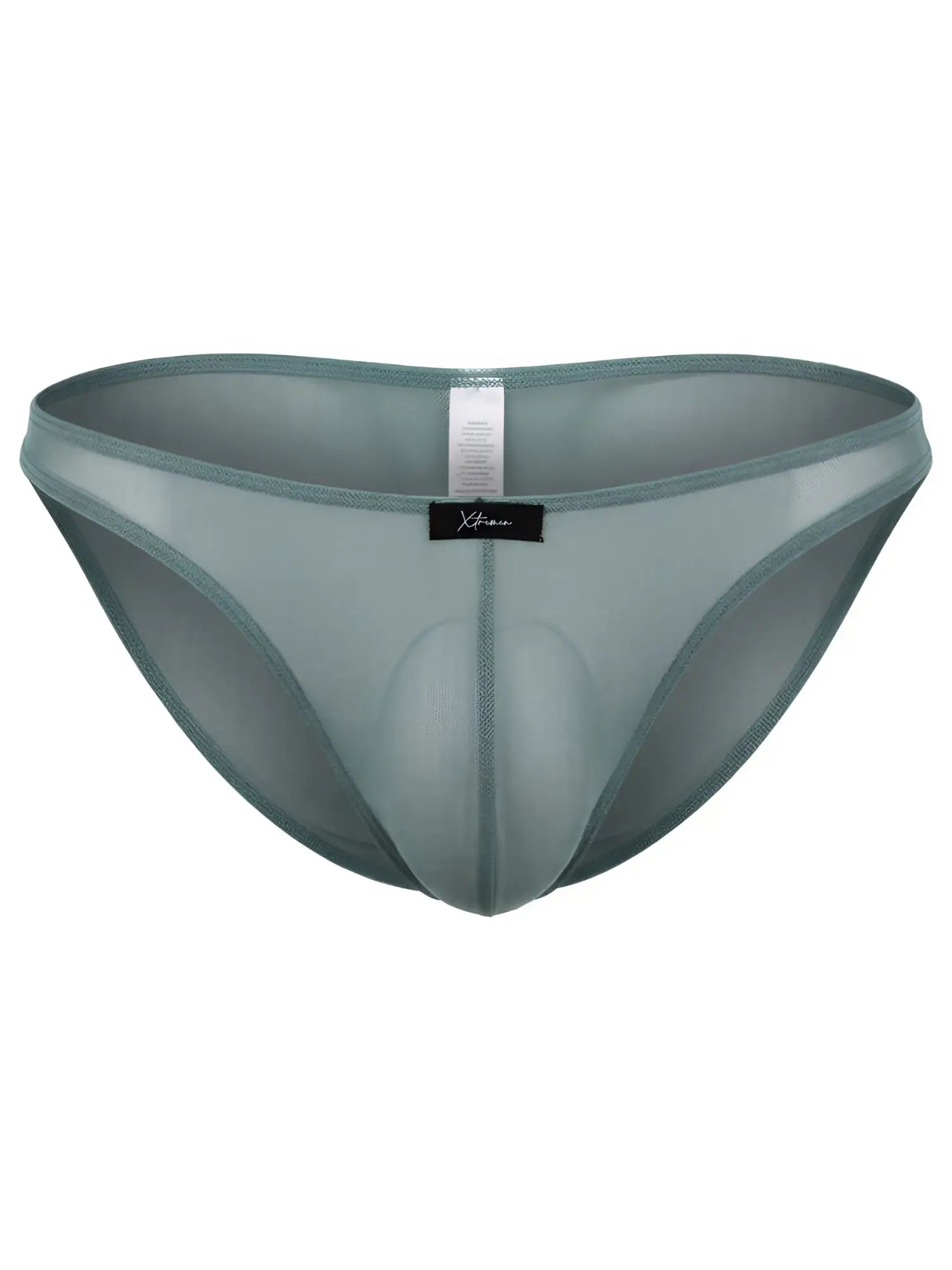 Xtremen sage green sheer mesh bikini underwear with a contoured pouch and center front brand label.