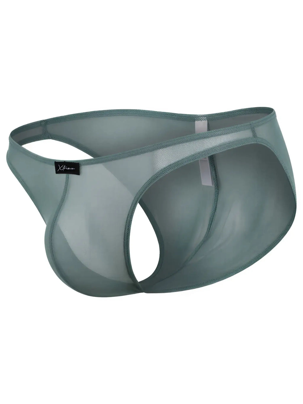 Xtremen men’s sheer sage green mesh bikini with an open-style pouch and logo tag on a white background.