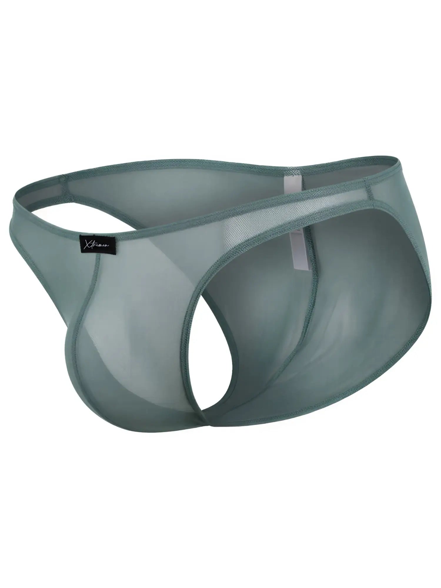 Xtremen men’s sheer sage green mesh bikini with an open-style pouch and logo tag on a white background.