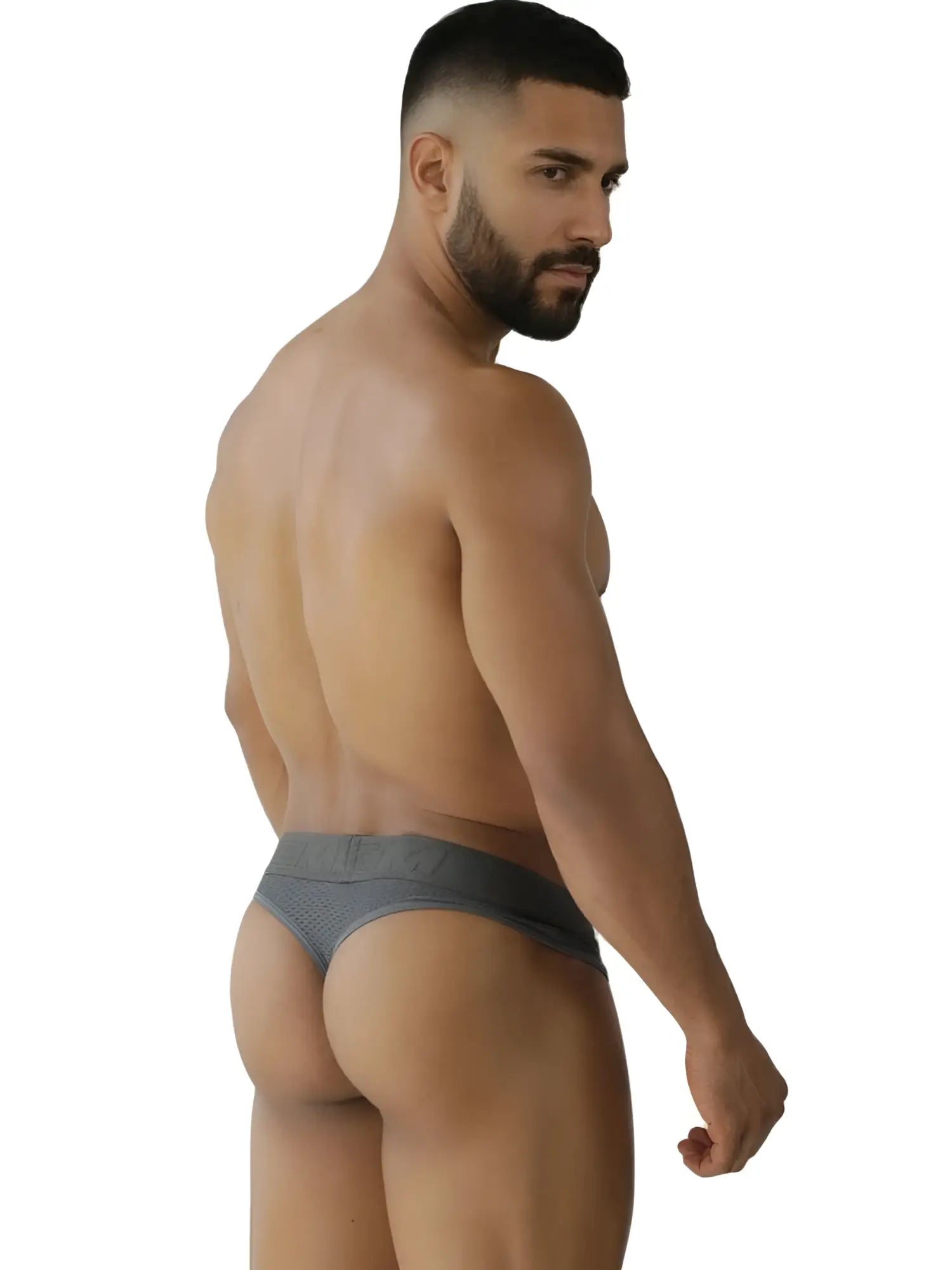 Gray xtremen 91268 microfiber mesh thongs with sleek form-fitting design shown from front side