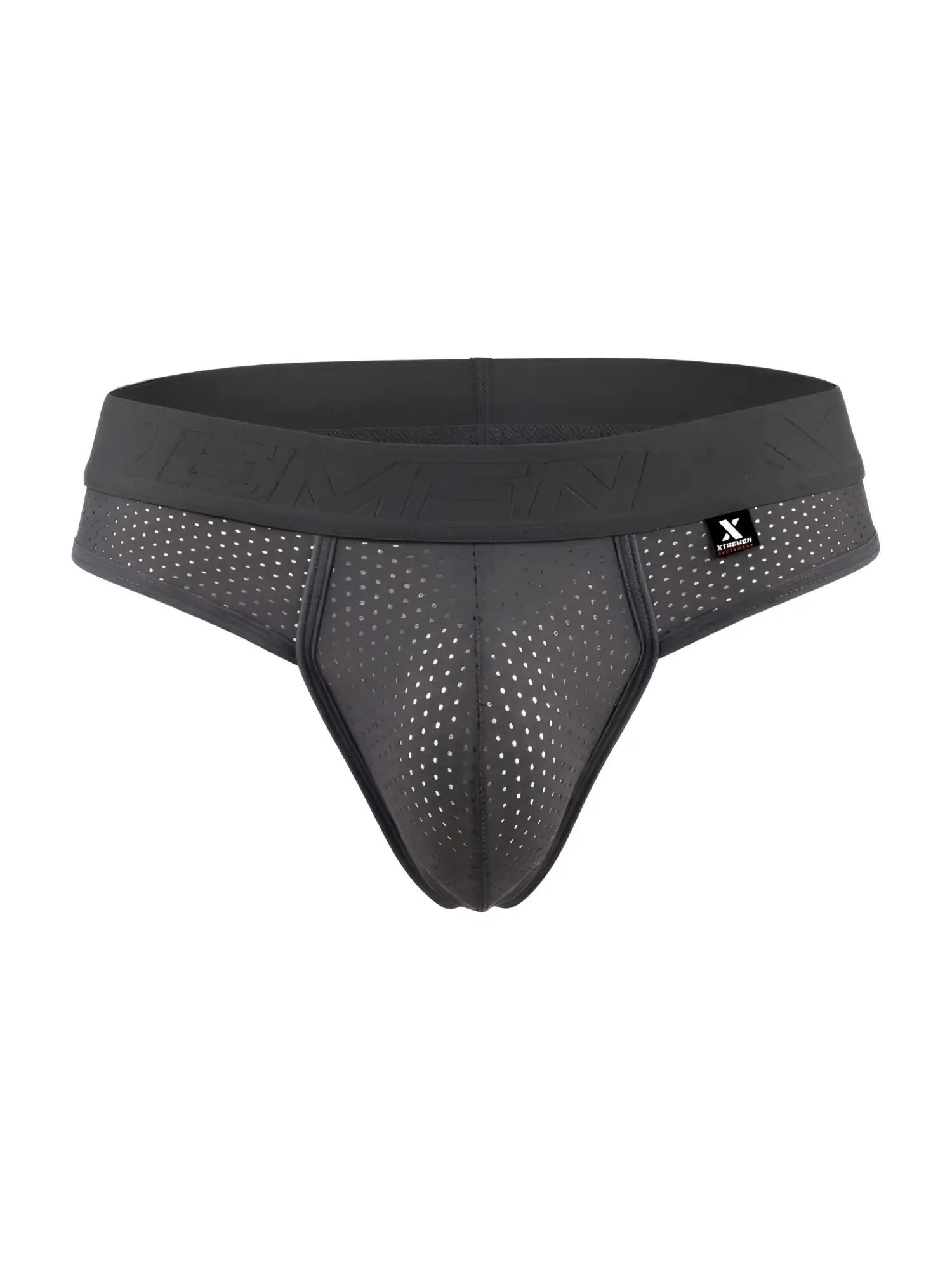 Xtremen 91268 microfiber mesh thongs in gray with black mesh fabric and branded logo waistband visible from back side