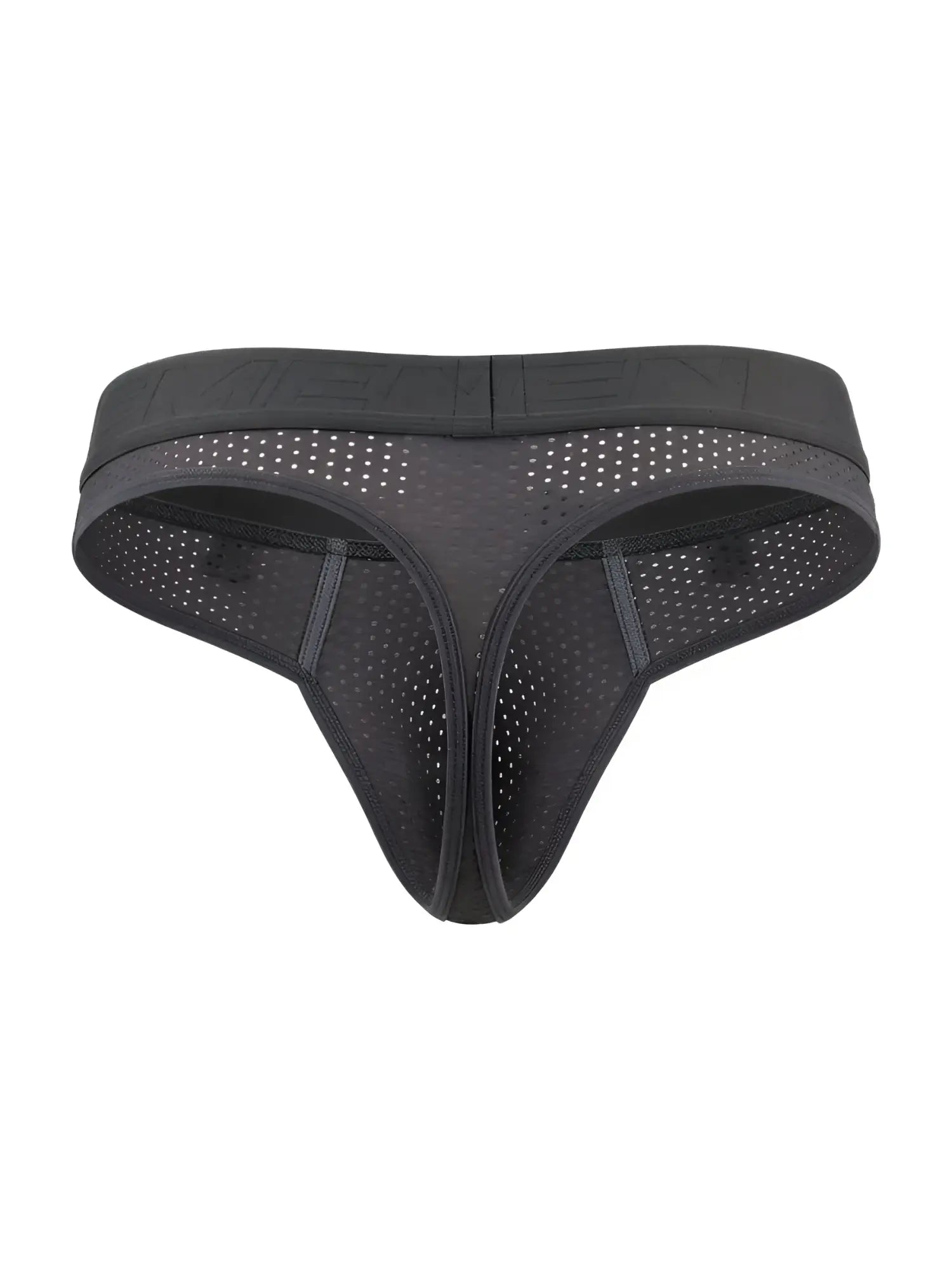 Xtremen 91268 microfiber mesh thong in gray with solid waistband and perforated black mesh design front view
