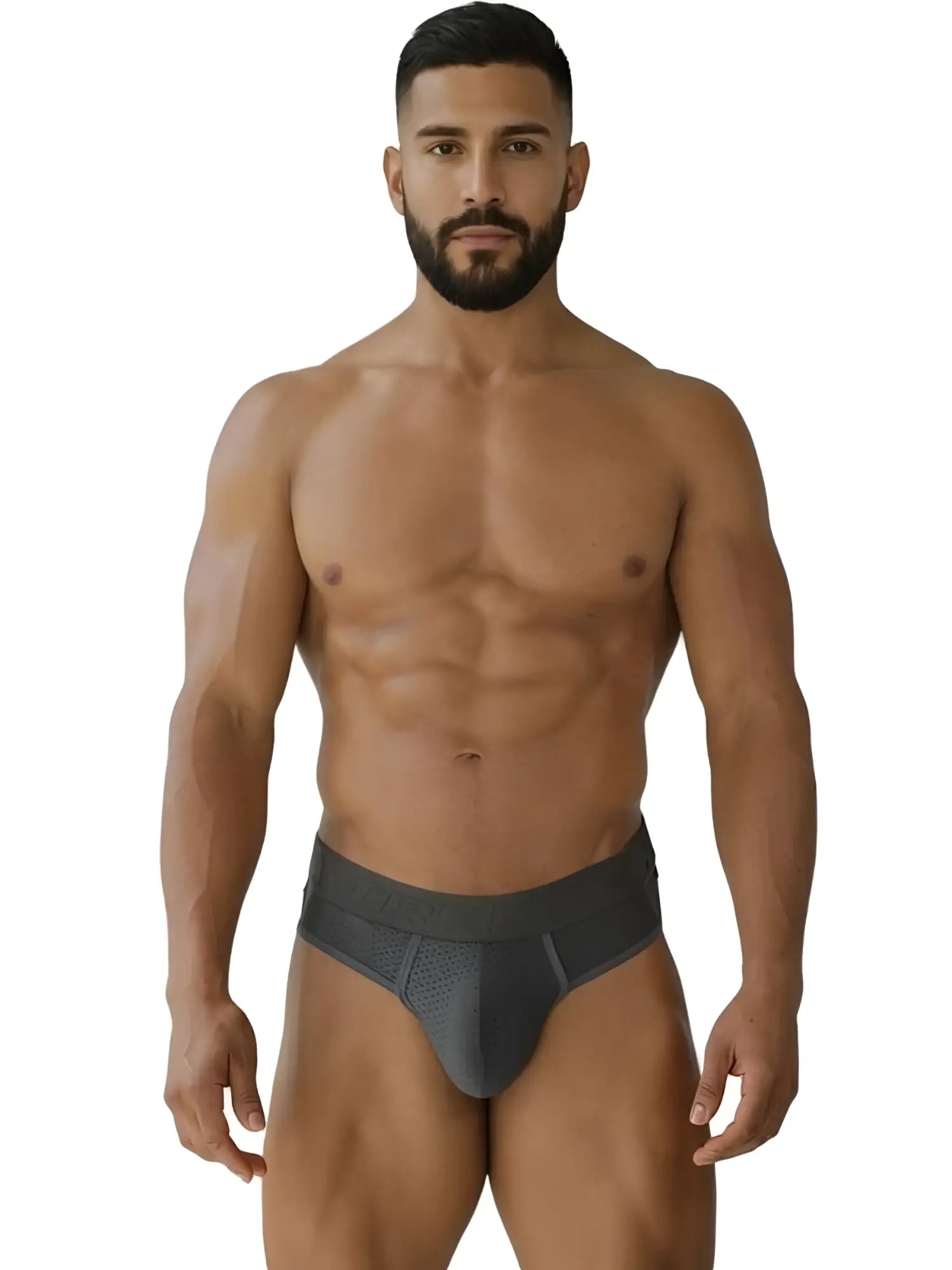 Dark gray xtremen 91268 microfiber mesh athletic briefs with contoured design and subtle perforated detailing on front