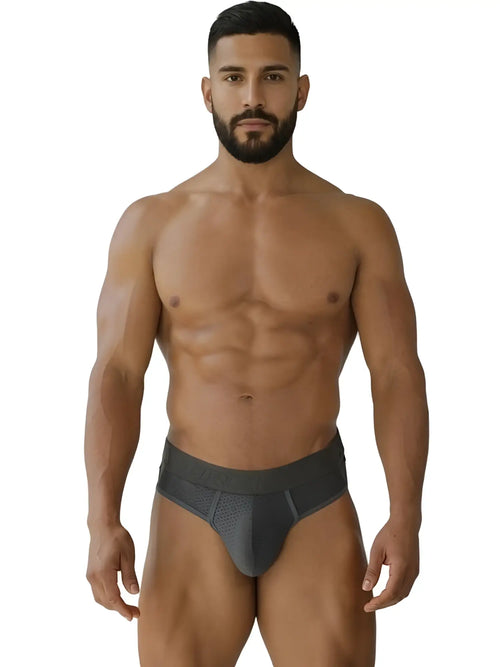 Dark gray xtremen 91268 microfiber mesh athletic briefs with contoured design and subtle perforated detailing on front