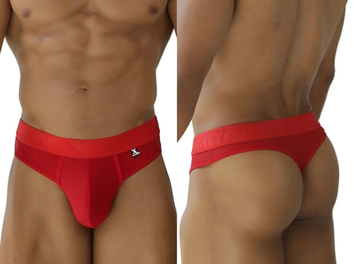 Red xtremen 91268 microfiber mesh thongs with a snug fit and bold red waistband featuring a small black logo