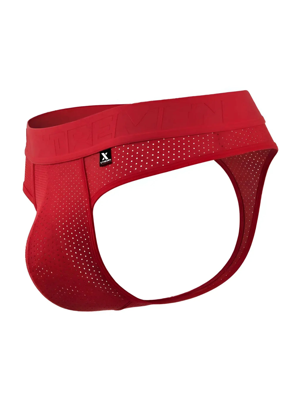 Xtremen 91268 microfiber mesh thong in red with perforated briefs and branded waistband shown from the back side