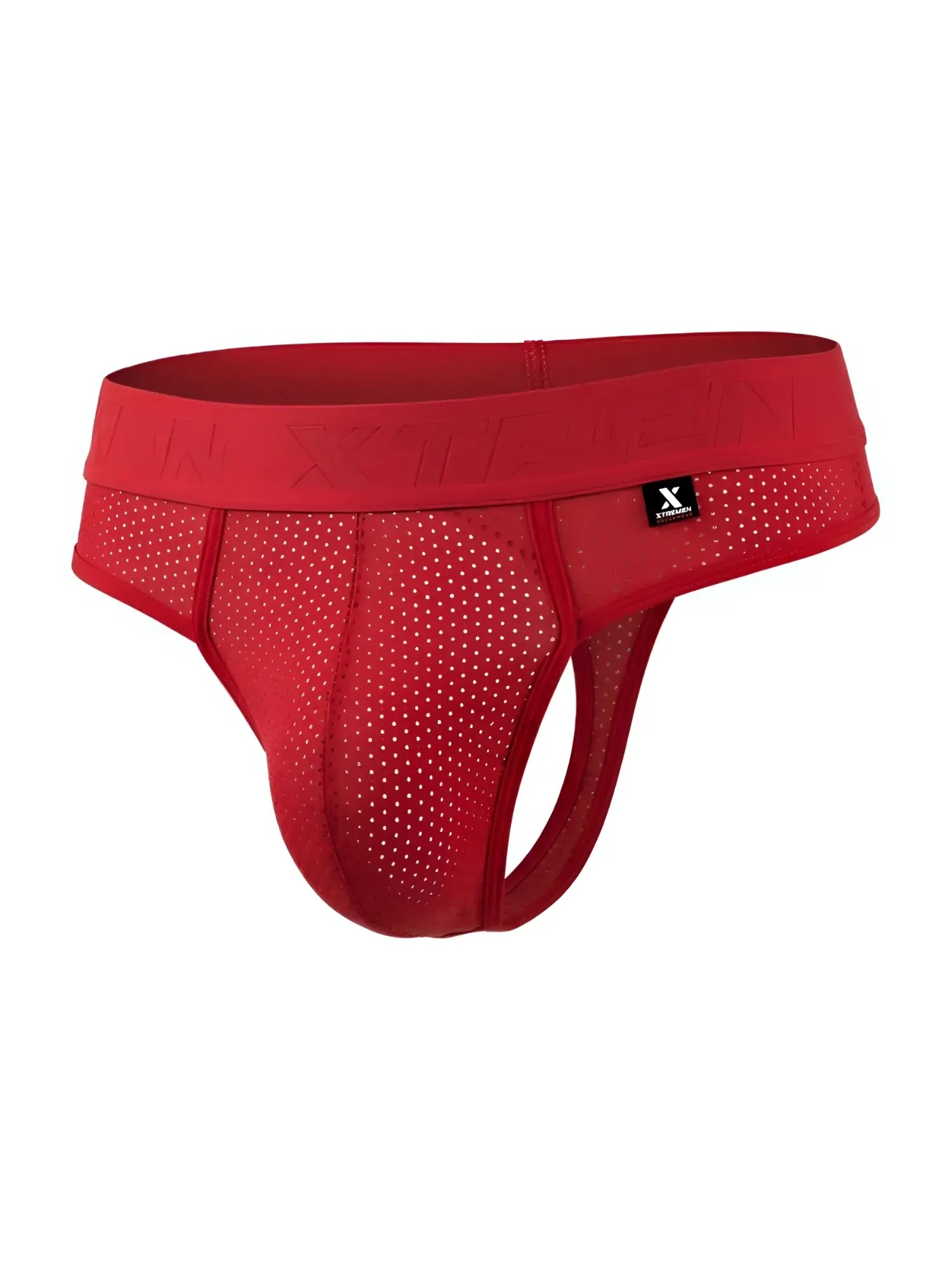 Red microfiber mesh thong with perforated design and branded logo tag from Xtremen 91268 collection