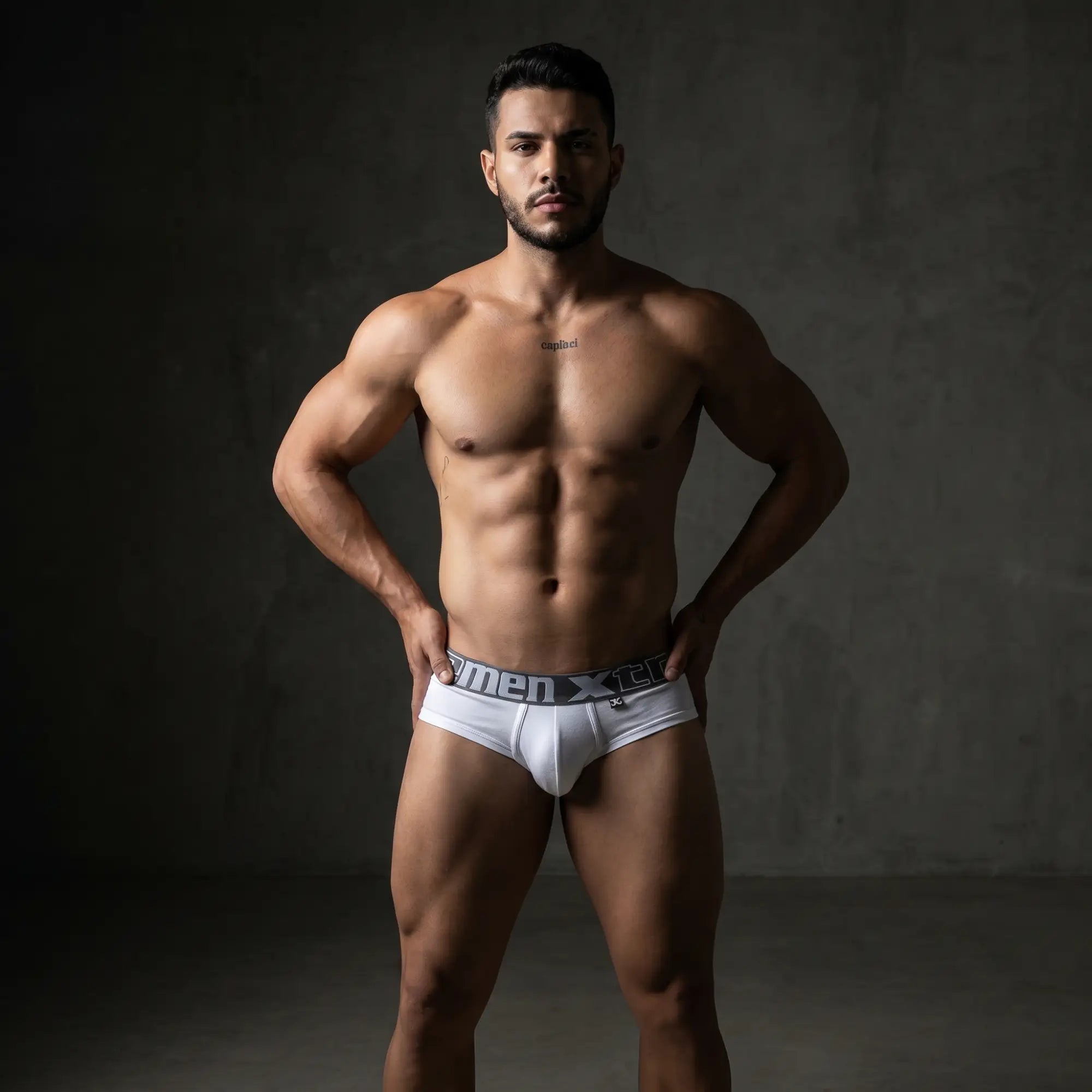 Xtremen men's underwear editorial banner, athletic man in designer briefs, moody studio lighting, composed for landscape crop