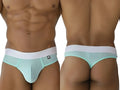 Light blue microfiber mesh briefs with white waistband and small black logo on the side in seawater color