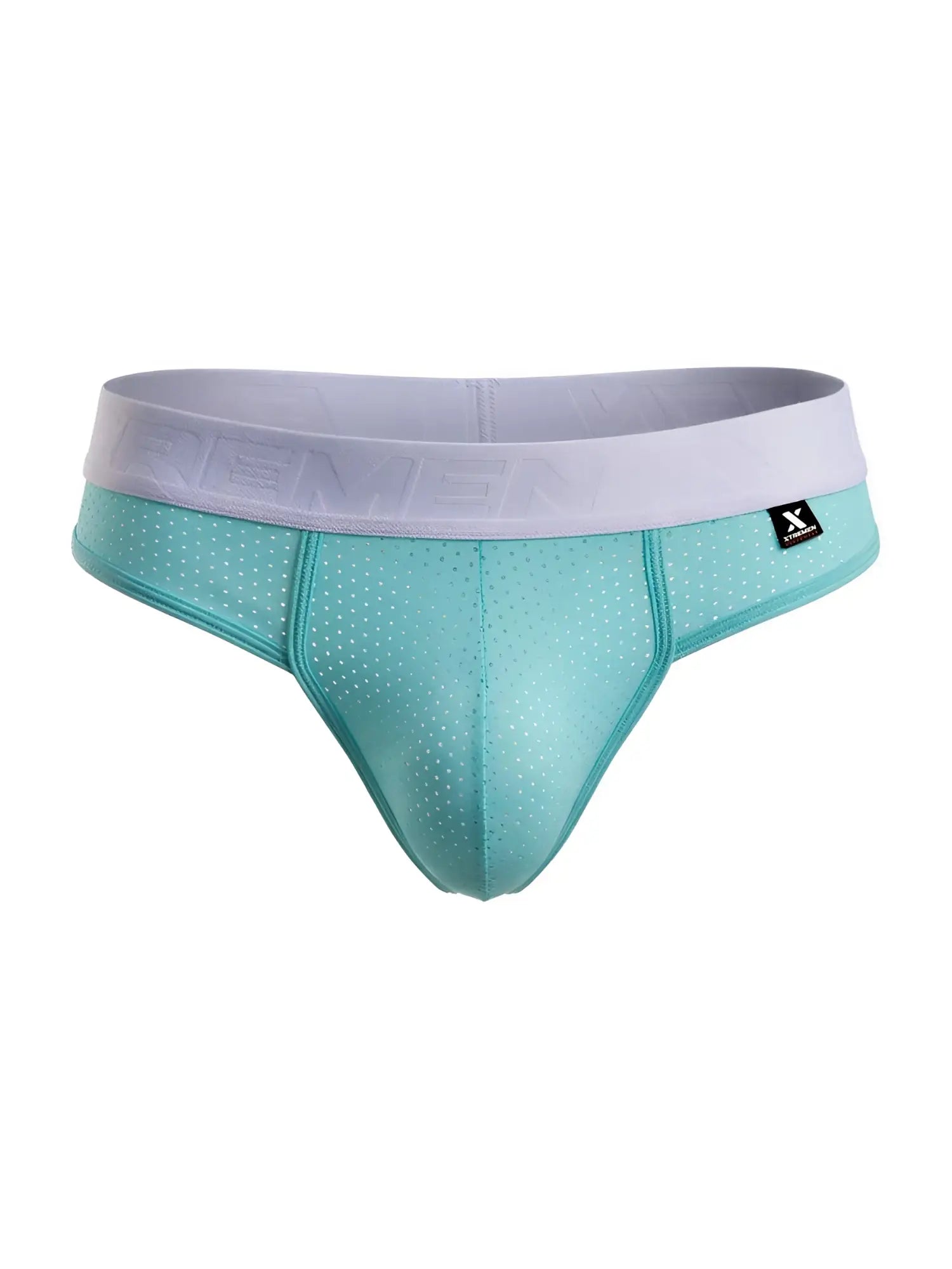 Teal microfiber mesh athletic briefs with white x-strong waistband in seawater color for activewear use