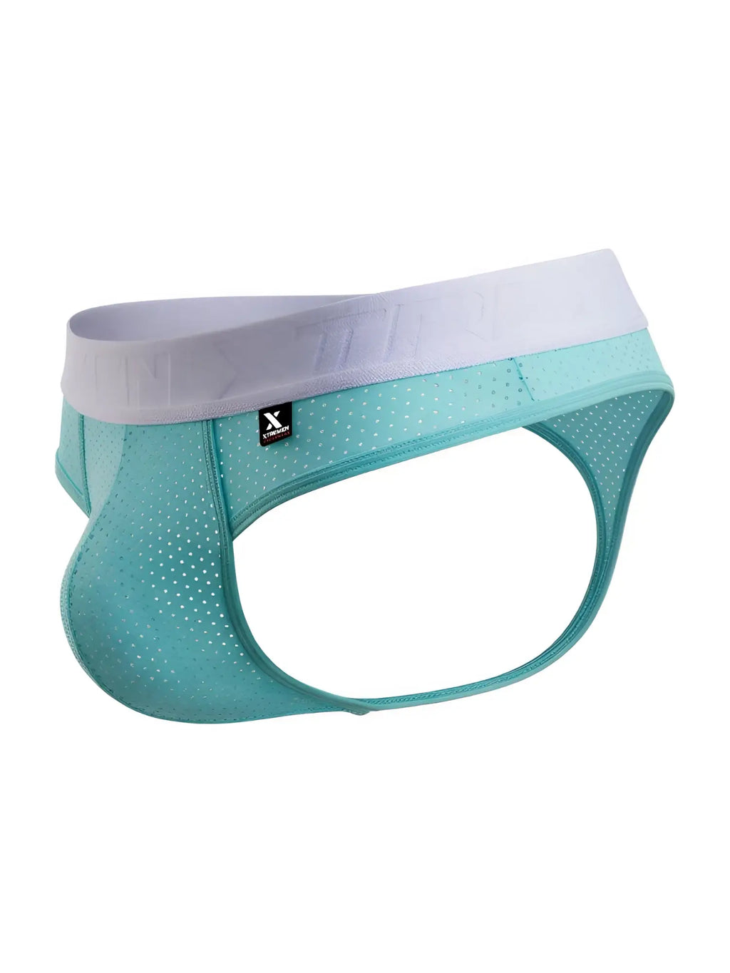 Teal microfiber mesh briefs with perforated design white elastic waistband and x logo tag in seawater color