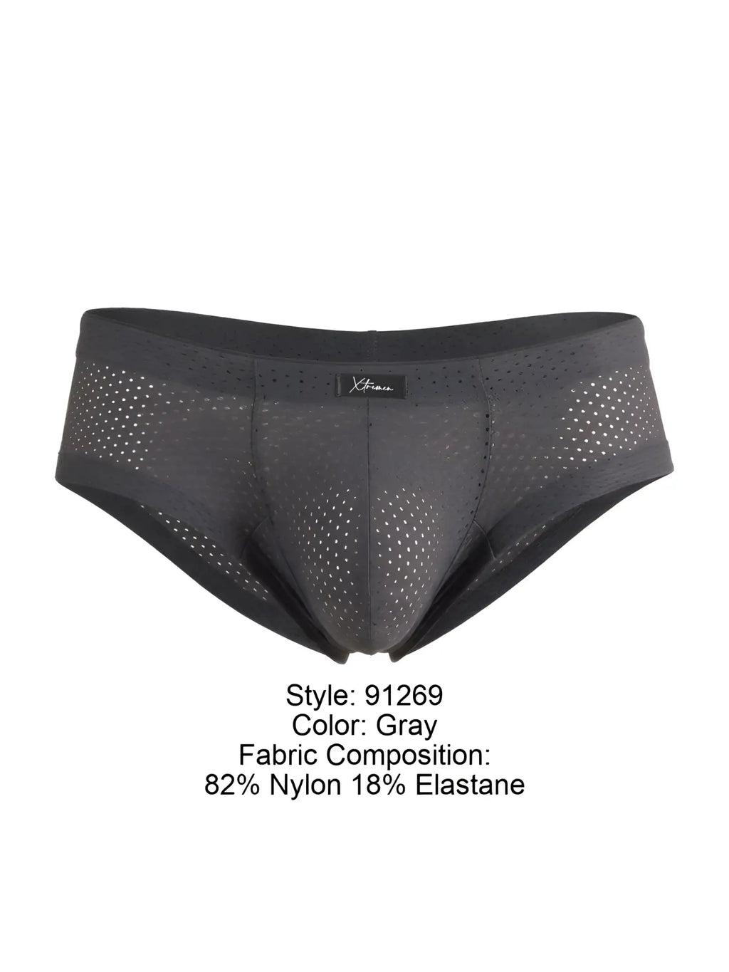 Gray xtremen 91269 microfiber mesh briefs with perforated design and black trim made of nylon and elastane