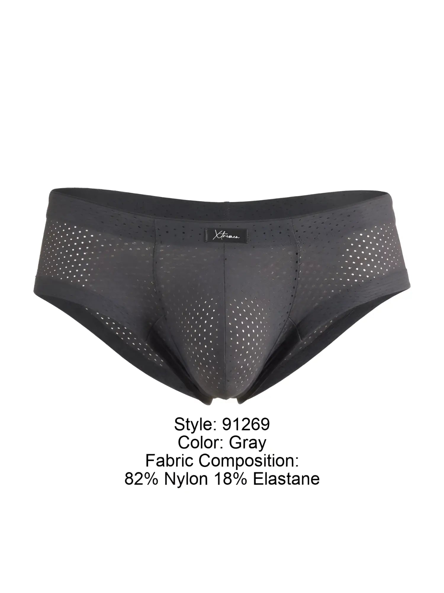 Gray xtremen 91269 microfiber mesh briefs with perforated design and black trim made of nylon and elastane