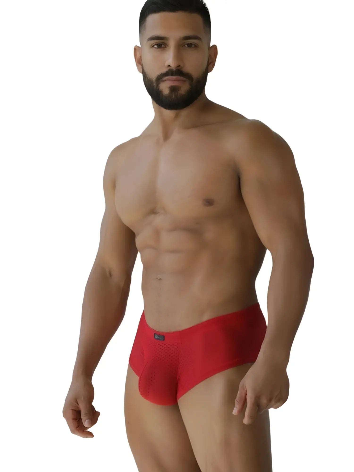 Xtremen 91269 red microfiber mesh men’s briefs with snug fit and small black brand tag on the waistband
