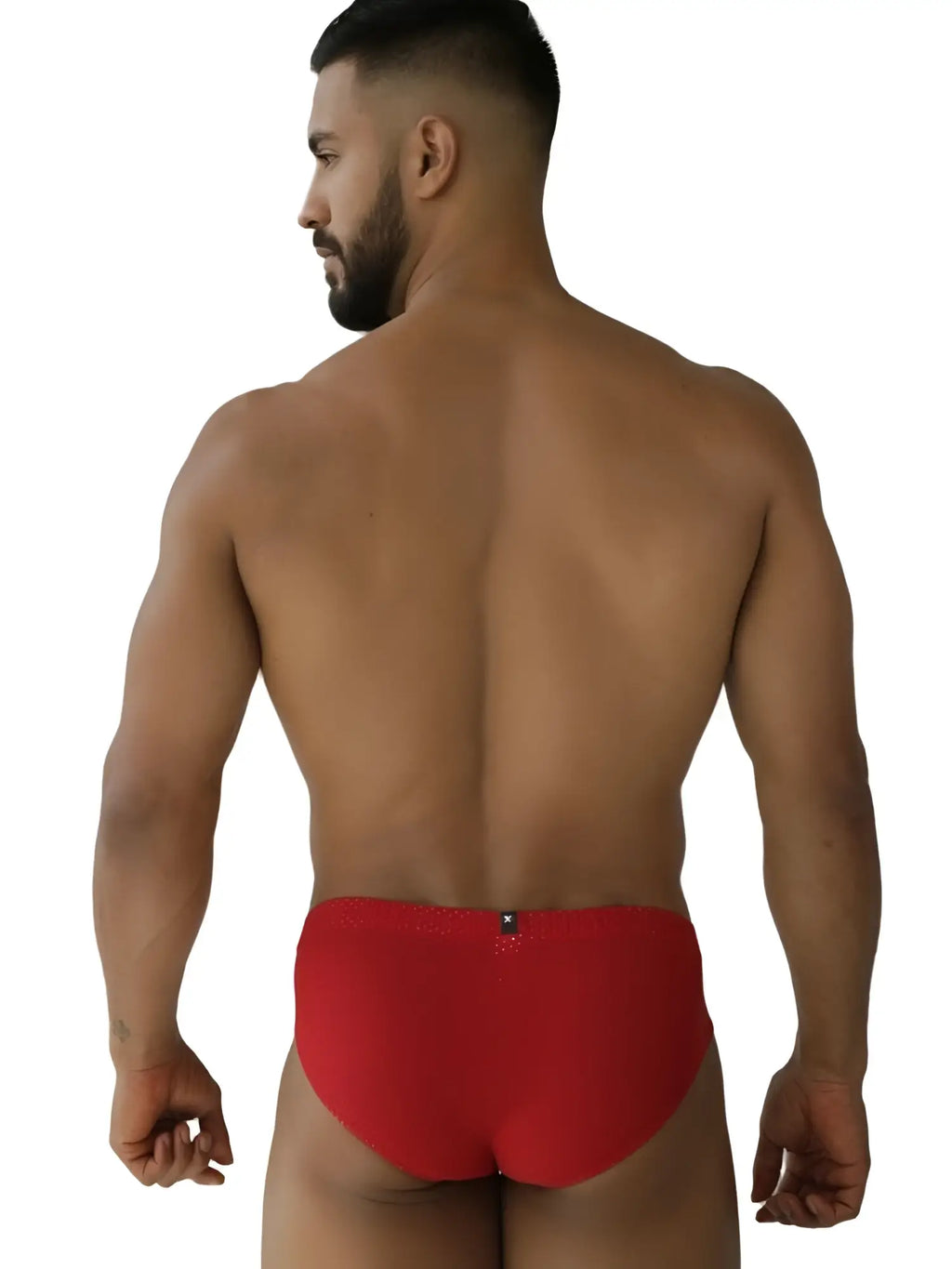 Red xtremen 91270 microfiber mesh briefs showing back side with small metallic clasp for secure fit