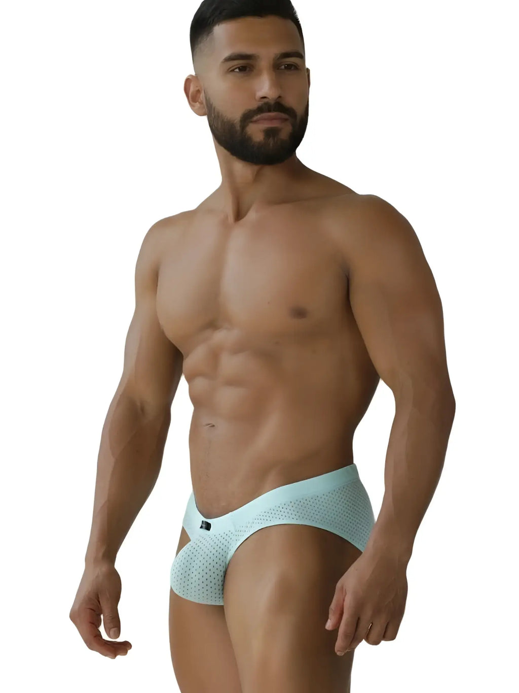 Light blue seawater microfiber mesh briefs with a small black logo on the left hipband by xtremen