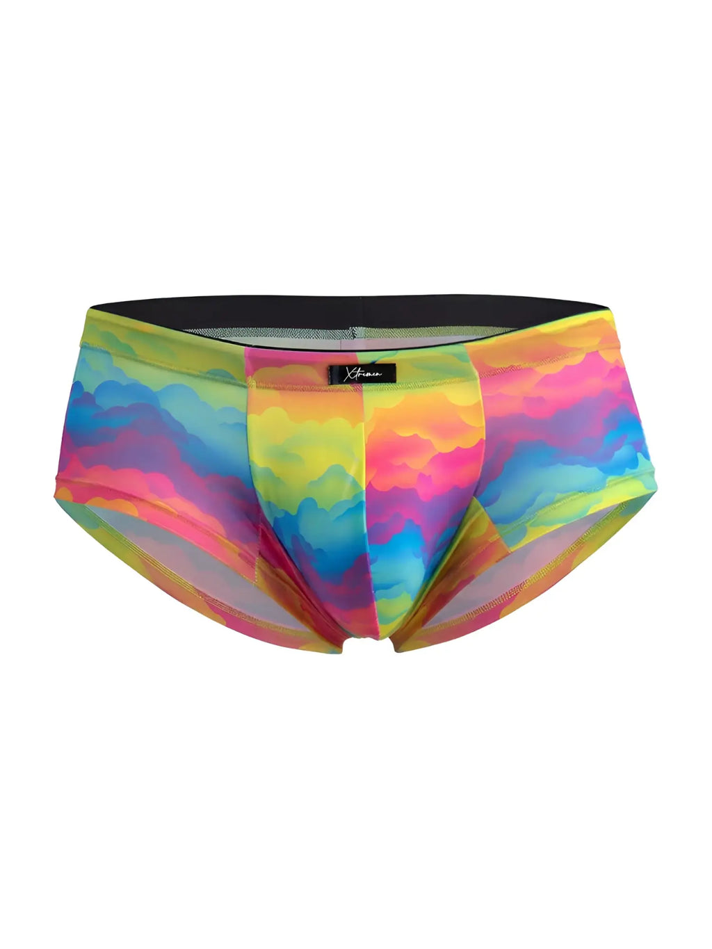Vibrant rainbow cloud patterned men’s microfiber briefs with black waistband by xtravaganza xtremen 91283