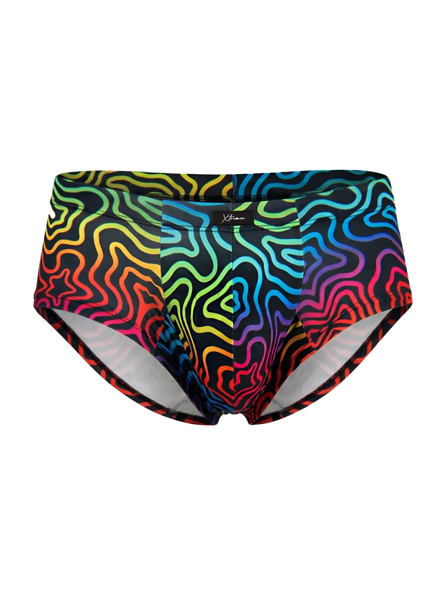 Xtremen 91283 rainbow printed microfiber briefs with vibrant rainbow wave pattern black trim and white lining