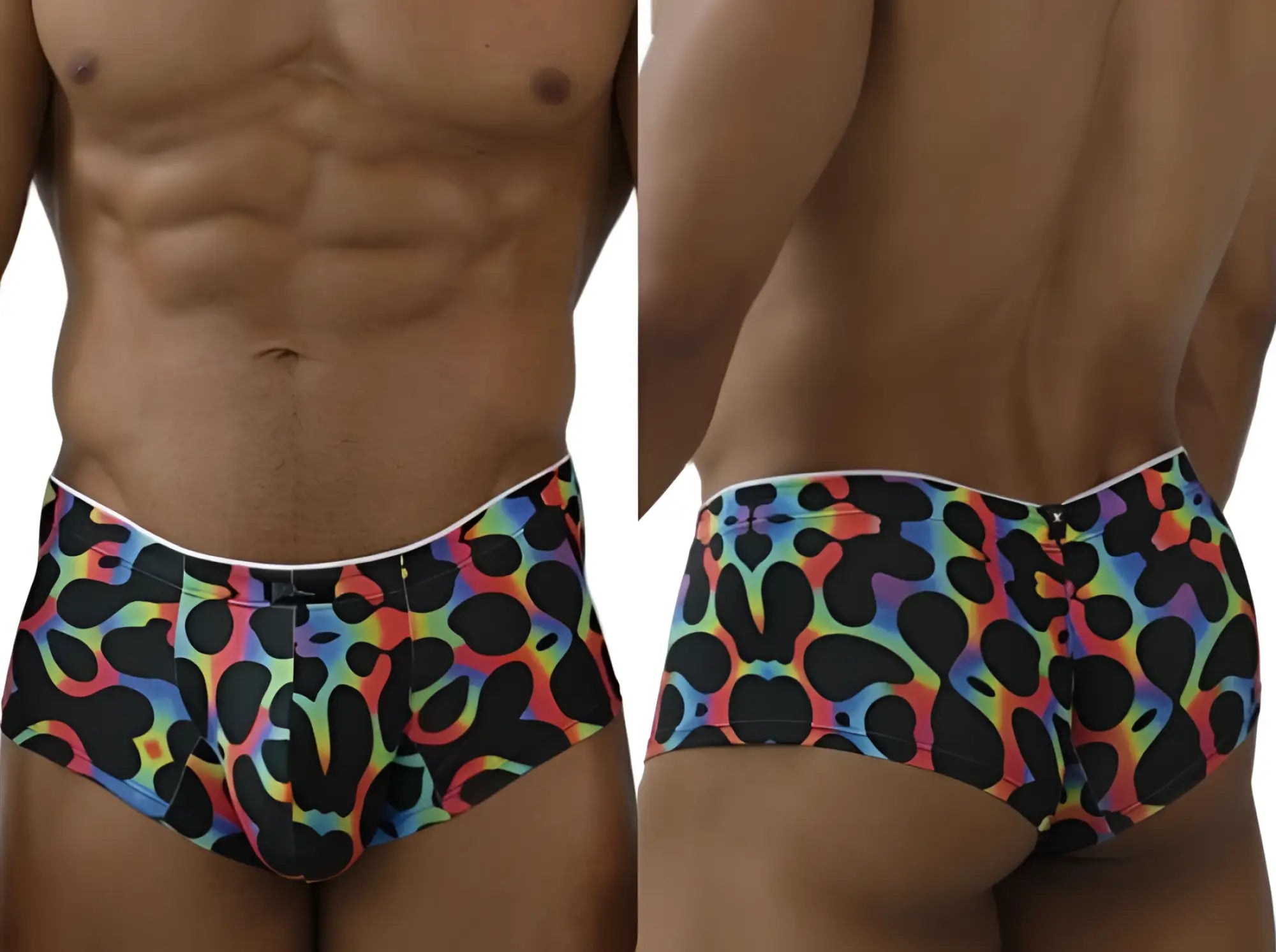 Xtremen 91283 rainbow printed microfiber briefs in mushroom color with black abstract pattern and white waistband