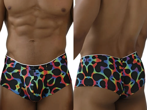 Xtremen 91283 rainbow printed microfiber briefs in mushroom color with black abstract pattern and white waistband